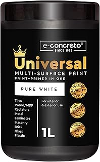 e-concreto Universal All-Surface Paint | Satin White 1L | Paint and primer in one | For Tiles, Radiators, Wood and MDF, Metal, Laminates, Brick, Glass, Masonry, Plastic | White Furniture Paint