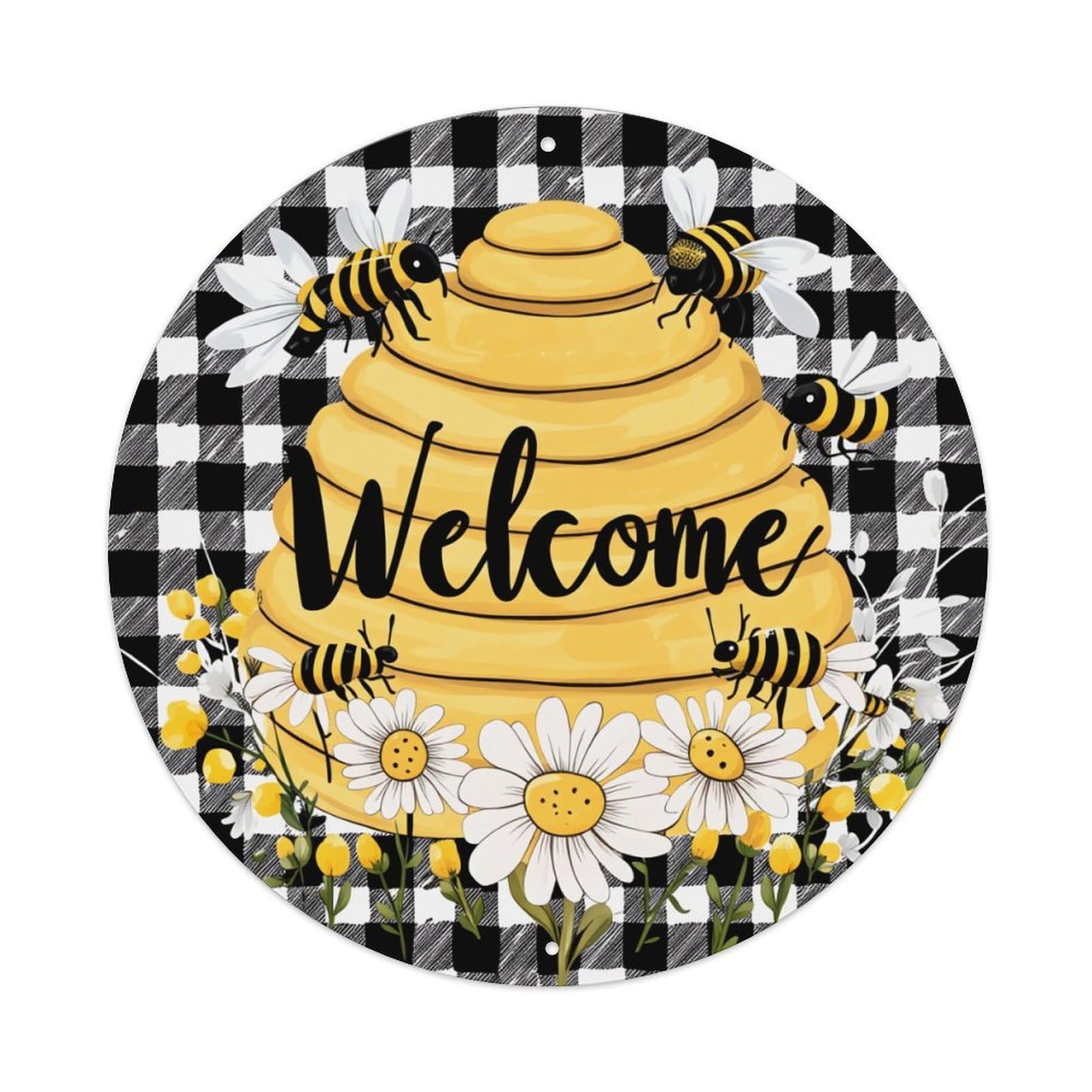 Bee Hive Welcome Daisies Checkered Round Tin Sign Vintage Metal Poster, Home Bar Garage Man Cave Cafe Indoor & Outdoor Wall Decoration 8x8Inches