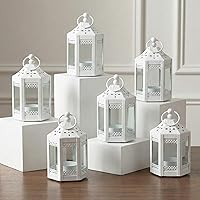 VELA LANTERNS 6pc Mini 4.5" White Metal Moroccan Lanterns - Tealight Candle Holders for Weddings, Ramadan, Centerpieces & Home Decor
