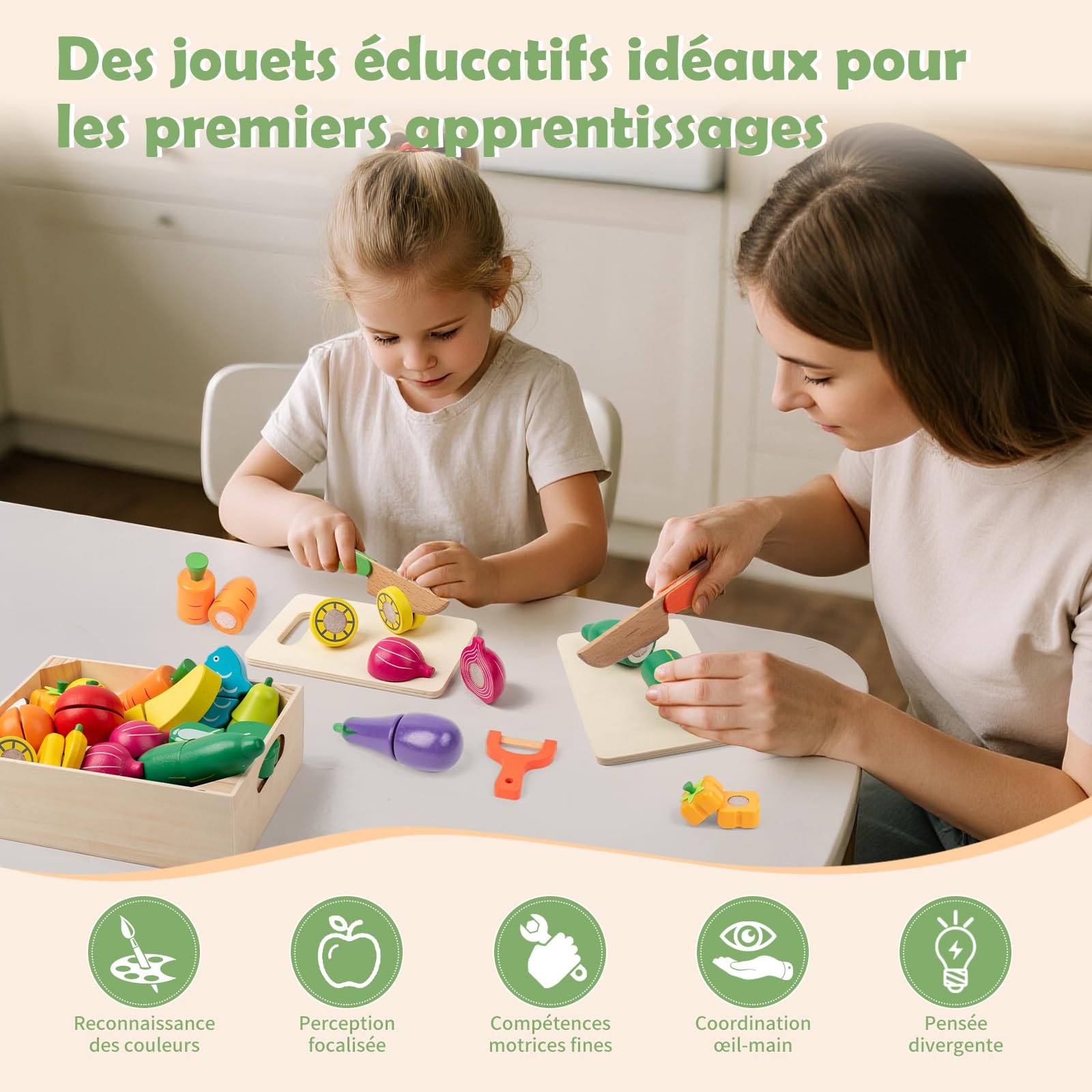 Jeu de Coupe Fruits et Légumes en Bois avec Velcro pour Enfants 3 Ans, 32 Pièces Accessoires de Cuisine Dinette Jouet Éducatif Montessori