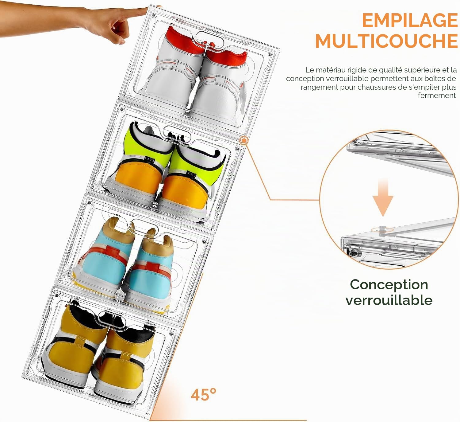 INSTY Lot de 6 grandes boîtes à chaussures en plastique, empilables, porte magnétique, facile à assembler, pour chaussures de pointure 46, transparente
