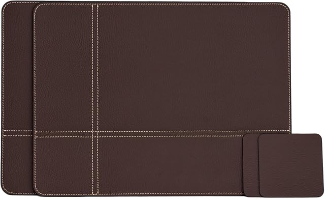 Nikalaz Set of 2 Placemats and 2 Coasters, table mats, Recycled leather (Brown, 40 x 30 cm)