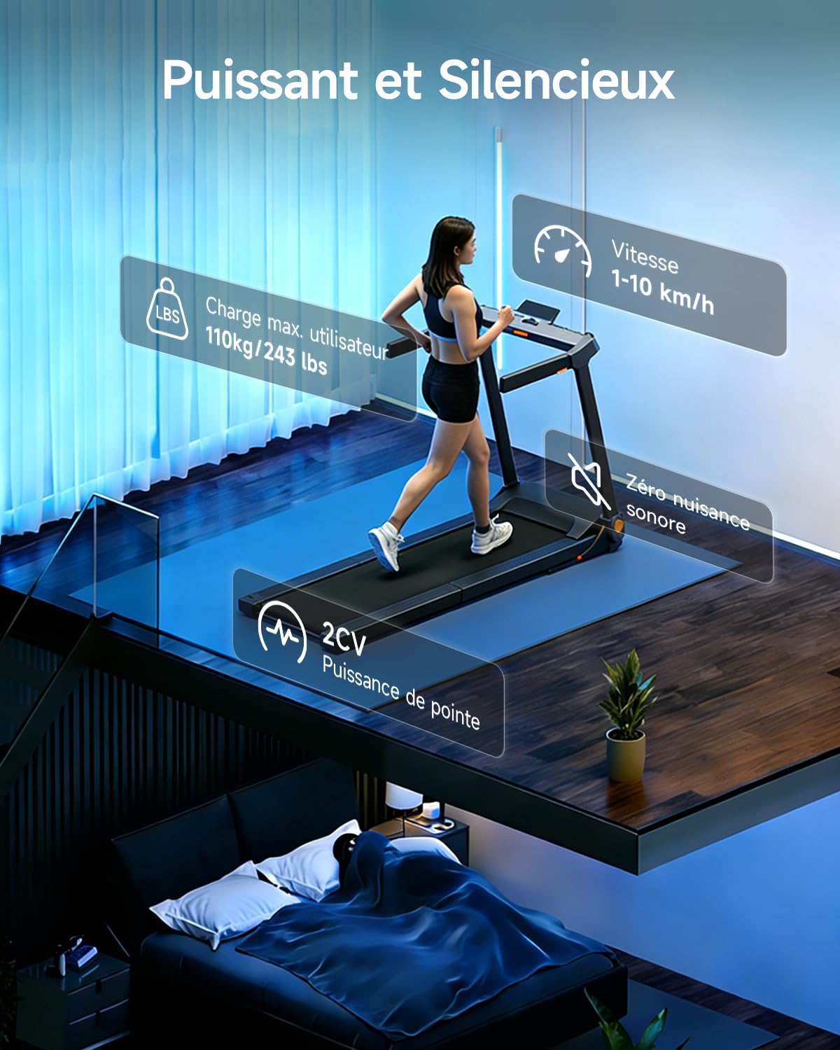 WalkingPad Tapis de Course Pliable, Silencieux Tapis de Marche avec Guidon pour Maison et Bureau, Pliage Vertical, Affichage LED, Aucune Assemblée Requise