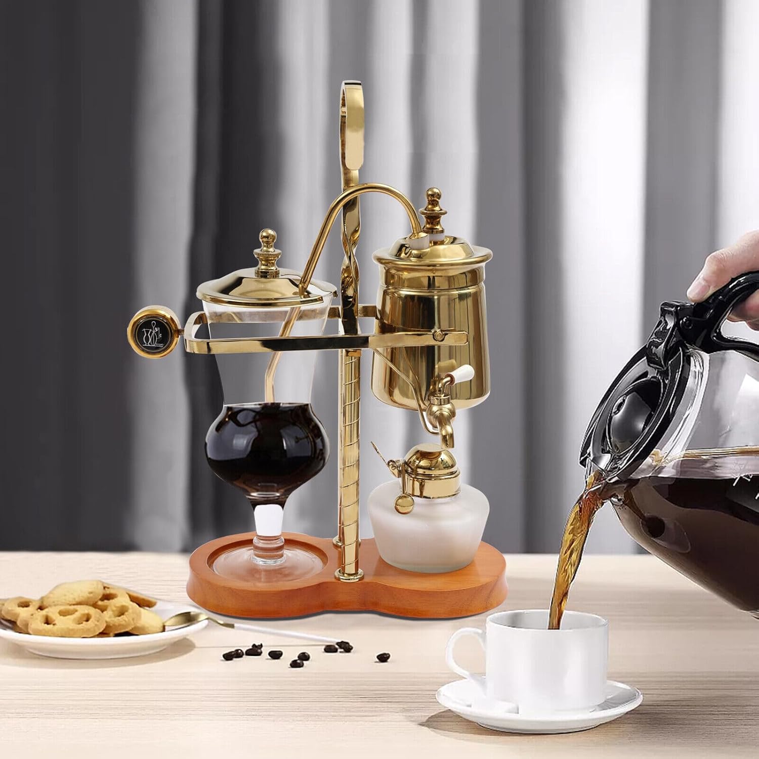 Belgian/Belgium Luxury Balance Syphon Coffee Maker, Elegant Double Ridged Fulcrum with Tee Handle, Gold
