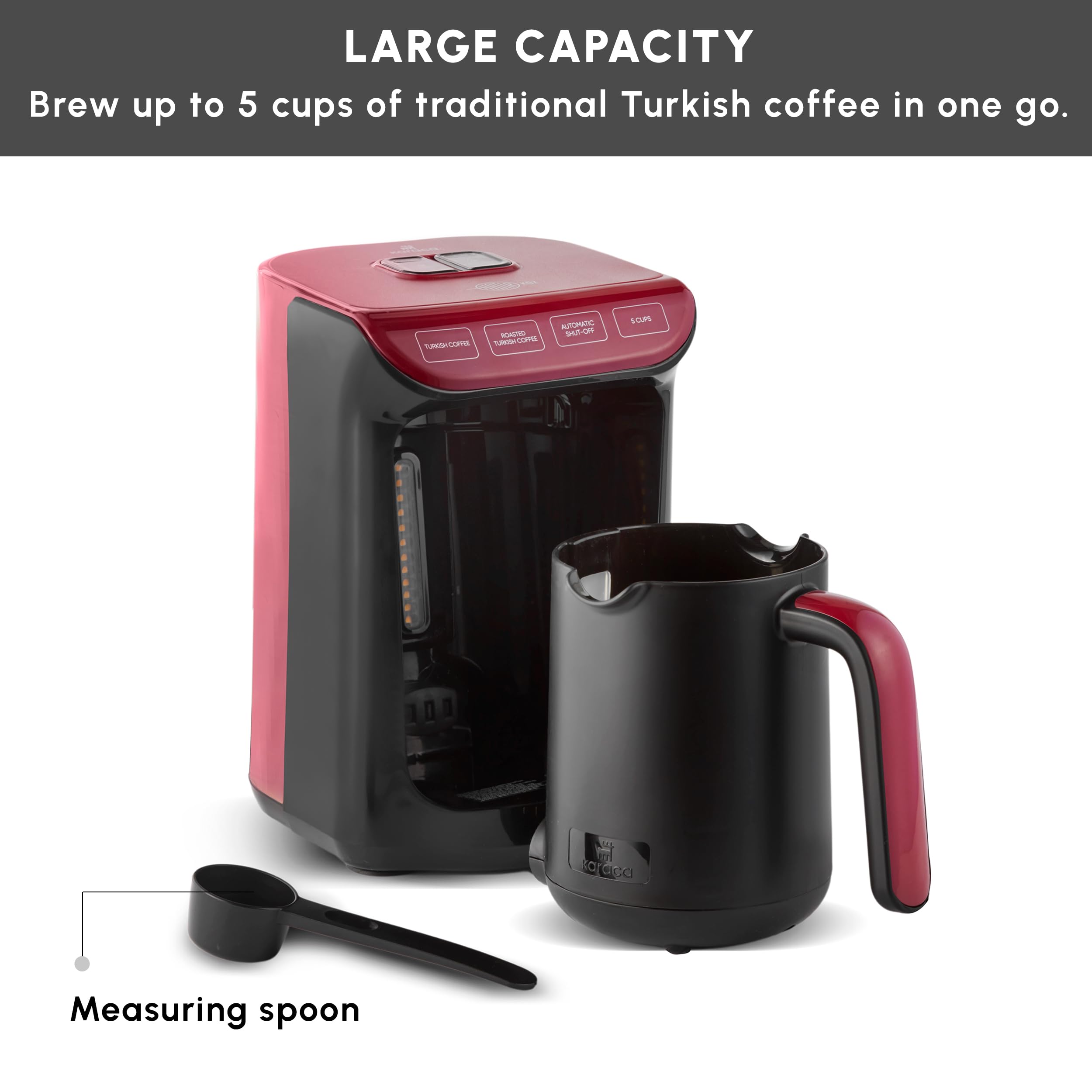 Karaca Hatır Roast turecki ekspres do kawy, czerwony, pojemność 5 filiżanek, duża ilość piany, 535 W, system ostrzegania głosowego, system ostrzegania przed światłem, miarka, łatwe czyszczenie