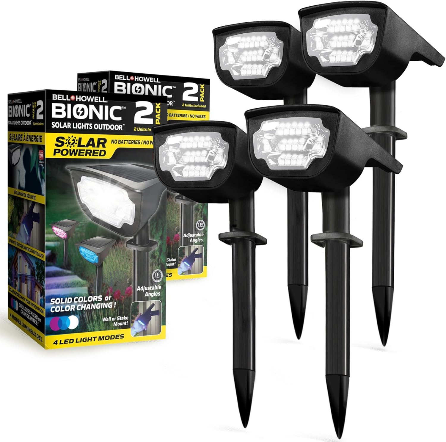 Bell+Howell Bionic Burst Solar Lights Outdoor Waterproof IP67 Path Lights, Landscape Outdoor Solar Lights for Yard Auto On/Off LED Bulbs, Wireless, Multicolor, Adjustable Light 4 Pieces