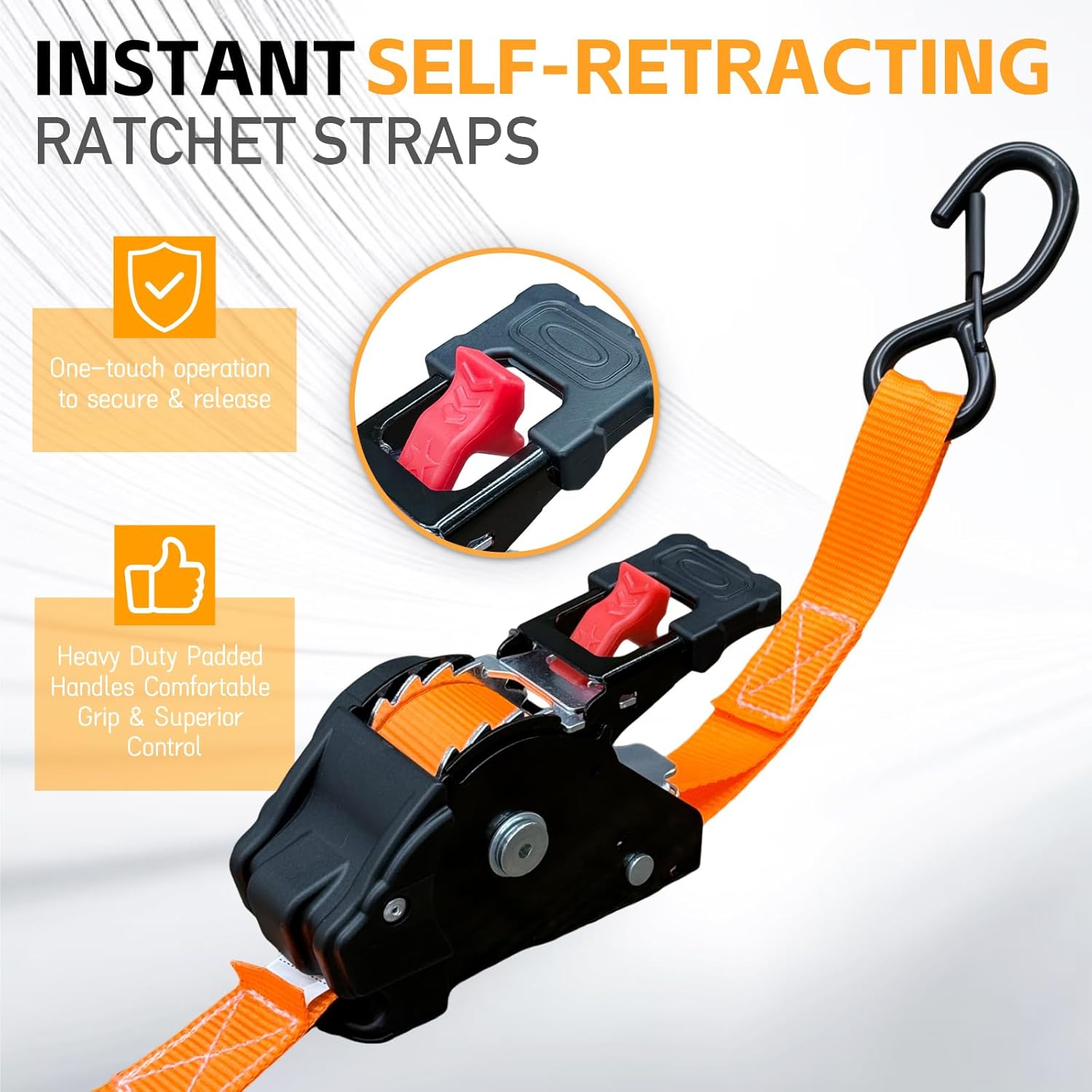 Retractable Ratchet Straps (2-Pack) - 1'' x 11.5' (1,800lb Break Strength) - Heavy Duty Auto Self Retracting Tie Down Straps for Truck, Cargo Trailer, Motorcycle, Rad & More - Orange - Image 5