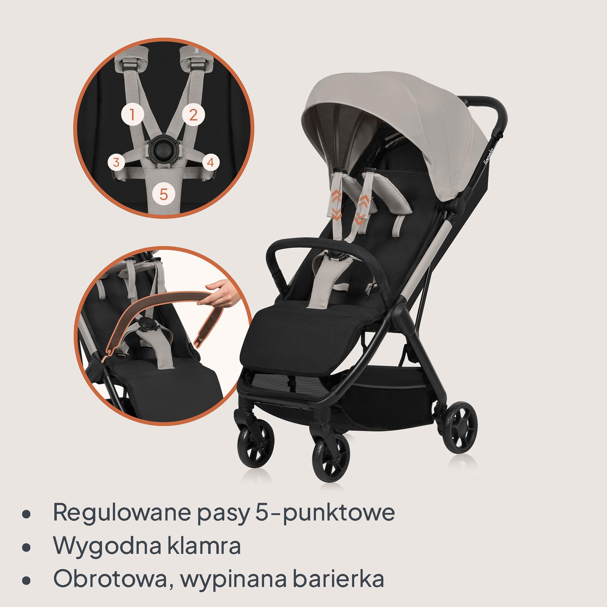 LIONELO Julie Air Spacerowy Wózek Dziecięcy do 22 kg od 6 m do 4 lat Do Samolotu Obrotowe Koła 360° Amortyzacja Składany Jedną Ręką Regulacja Oparcia Daszek UPF50+, Lekki | Koła obrotowe 360°, zawieszenie jednoręczne, mechanizm składania z regulacją oparc