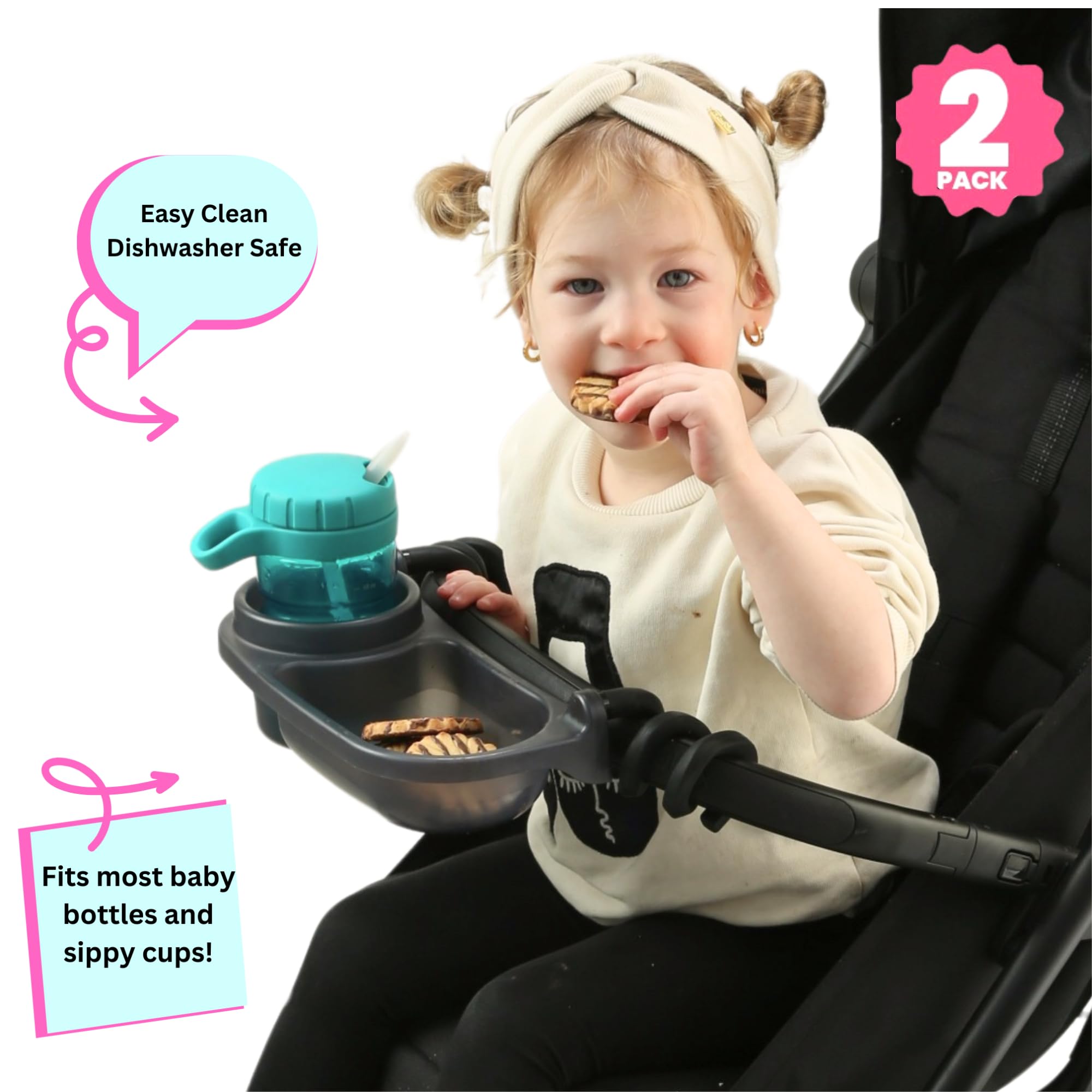 Swanoo Universelles Snack-Tablett für Kinderwagen, Getränkehalter für Kinderwagen, Silikon-Arme, Griffstange, bleibt an Ort und Stelle, Kinderwagen-Befestigung mit Becherhalter für Baby, Kleinkind