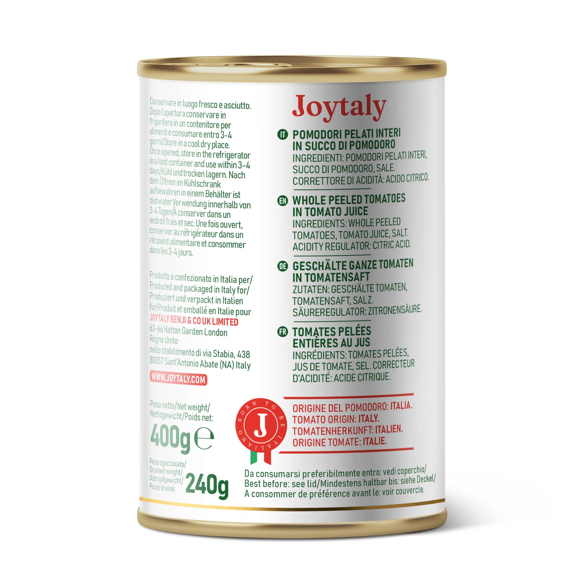 24x Joytaly Pelati- salsa di pomodori interi 100% italiano 400 g