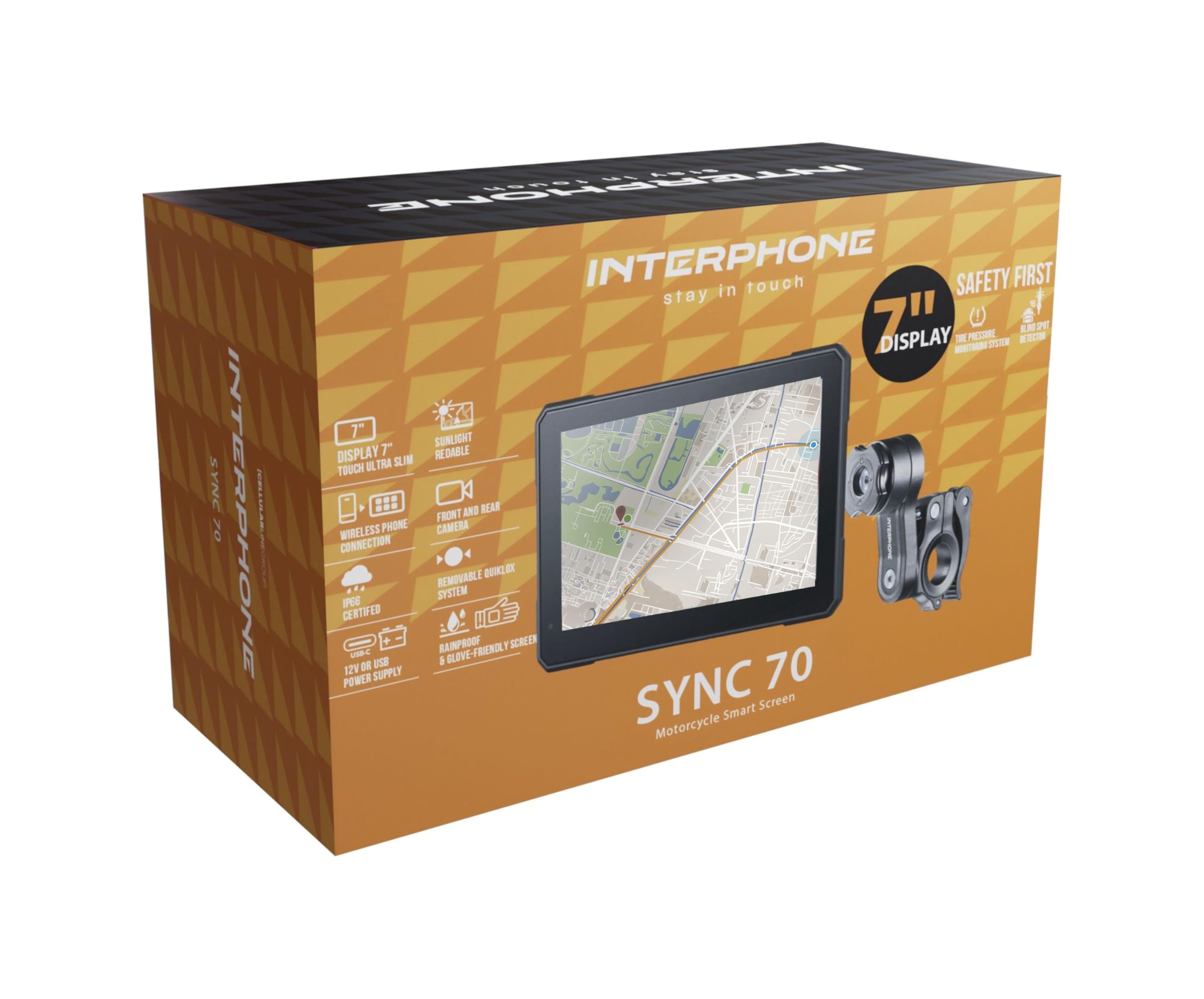 INTERPHONE SYNC70 Motocyklowy Carplay do Apple i Android – 7-calowy wyświetlacz WiFi i Bluetooth z wykrywaniem martwego kąta i dwoma kamerami – wyświetlacz Carplay z uchwytem QUIKLOX, wodoszczelność