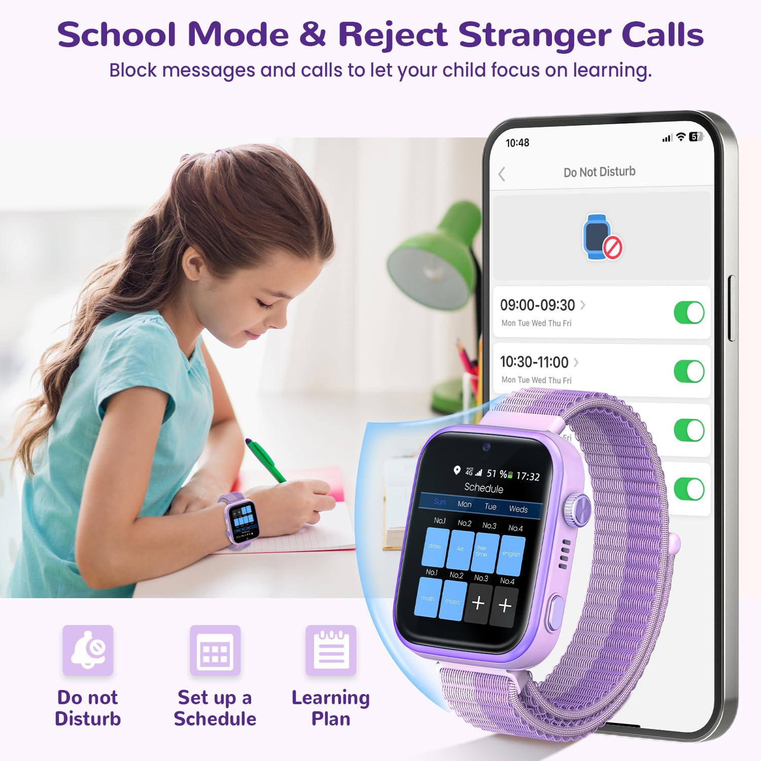 4G Smartwatch Bambini con Chiamate, Videochiamate, Chat Vocale, WiFi, GPS, SOS, SMS, Impermeabile IP68, modalità Scuola e Contapassi, Schermo HD da 1.83'' Viola