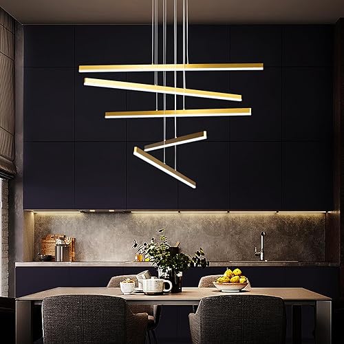 Miniatura 2 de zhllmq Moderno candelabro LED dorado regulable para comedor, altura ajustable, luz colgante lineal, tira larga, accesorios de luz elegantes para
