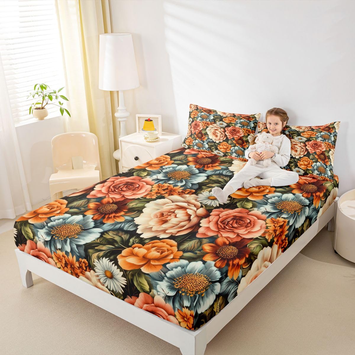 Homewish Groovy - Juego de sábanas para cama de matrimonio, diseño floral hippie, estilo hippie, 60 y 70, juego de ropa de cama hippie, 4 piezas