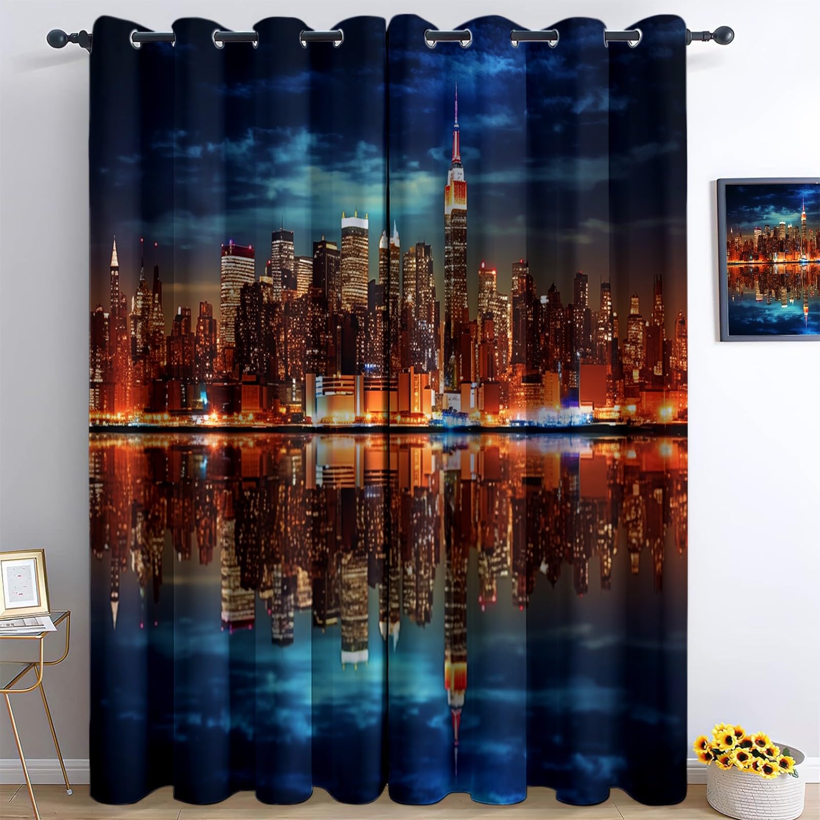 Niebieskie zasłony zaciemniające dla dzieci, 140 x 250 cm, fotografia miasto nocny nadruk blokujące światło zasłony termiczne, redukcja hałasu, łatwe do czyszczenia, idealne do pokoju dziecięcego