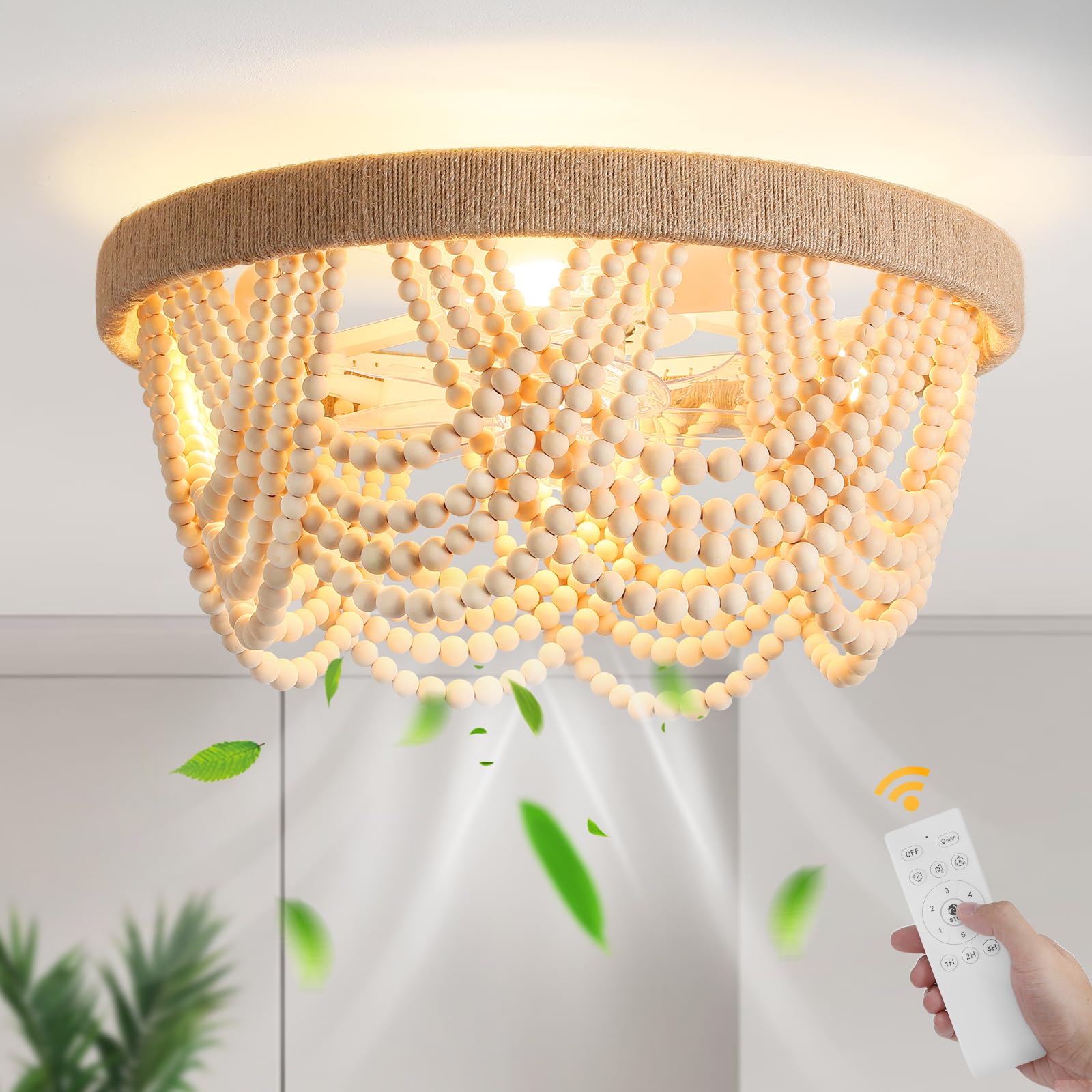 Photo 1 of 20" Boho Fandelier Ceiling Fan with Light and Remote Control 6 Speeds Low Profile Bladeless Ceiling Fan Wood Beaded Flush Mount Chandelier Fan for Bedroom Living Room
