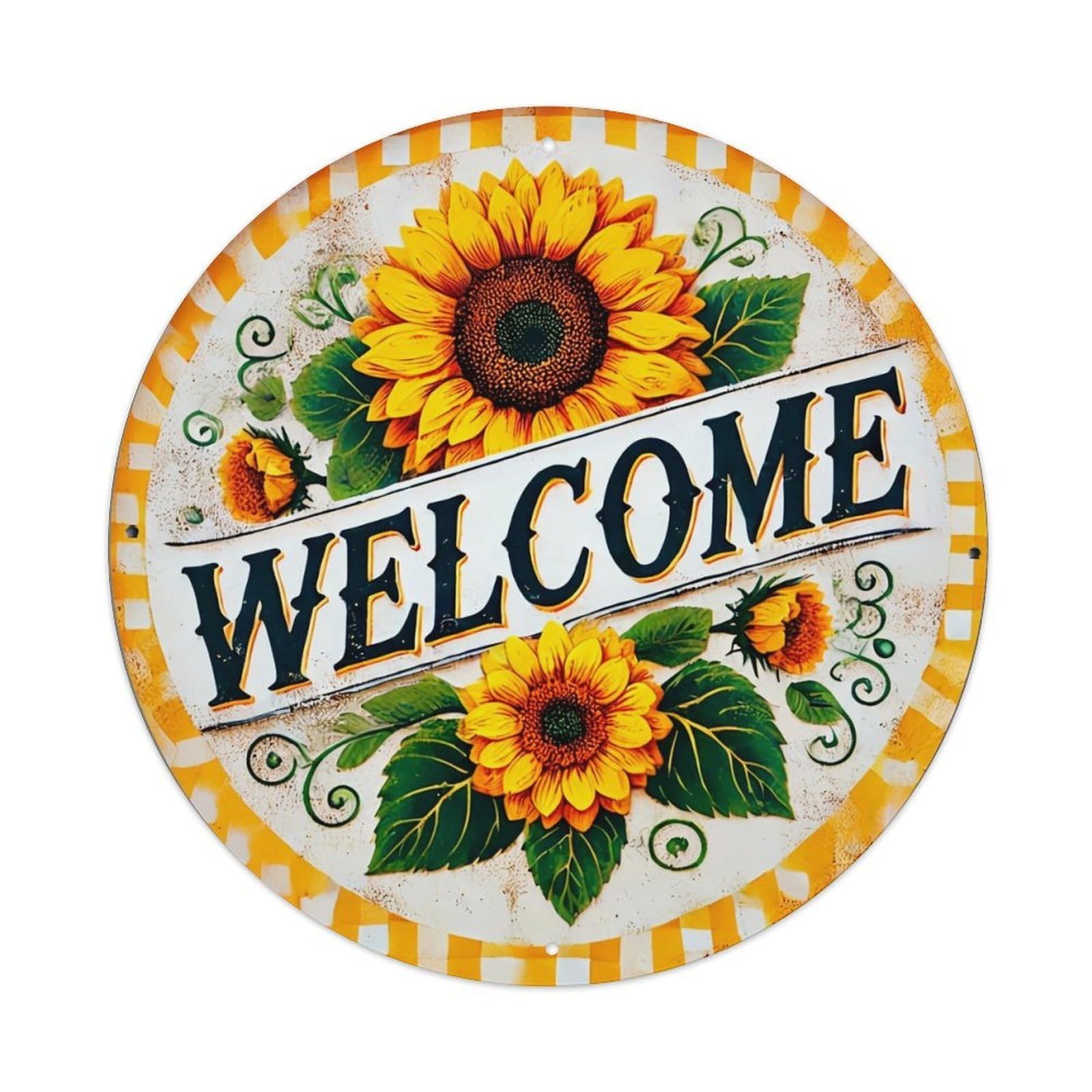Jdyansheng Vintage Sunflower Welcome Sign Pattern Print Tin Sign Metal Poster Metal Signs For Home Man Cave Bar Cafe Kitchen Laundry Room Wall Decorations 8X8 Inches