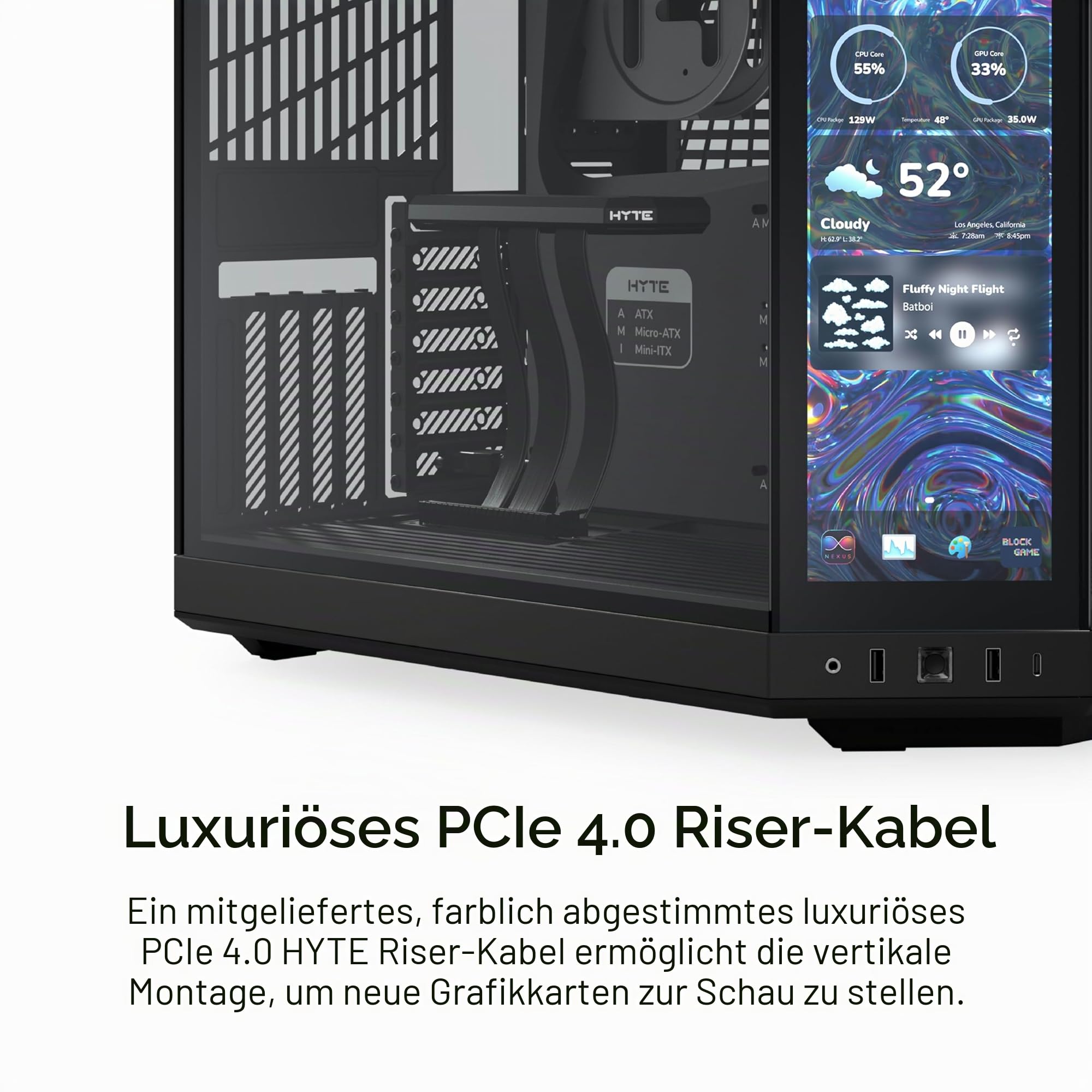 Hyte Y70 Touch Infinite Dual Chamber ATX Mid Tower Modernes ästhetisches Gehäuse mit integriertem 2,5K LCD-Touchscreen - Pitch Black