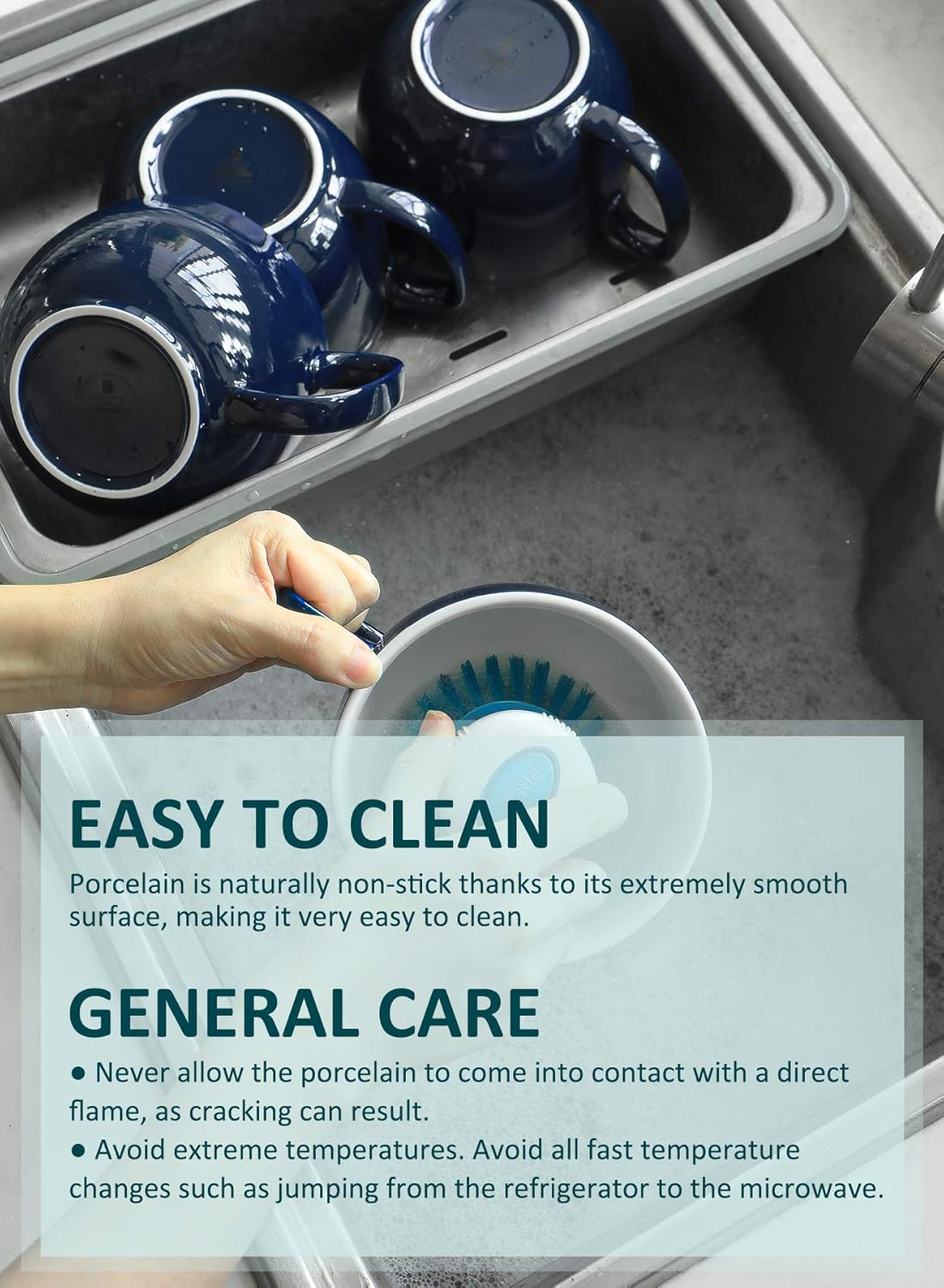 Teocera Porcelain Coffee Mugs, Soup Mugs Bowls with Handle, 24 oz Latte Mugs Set of 4 - Striped Design, Navy - Image 8