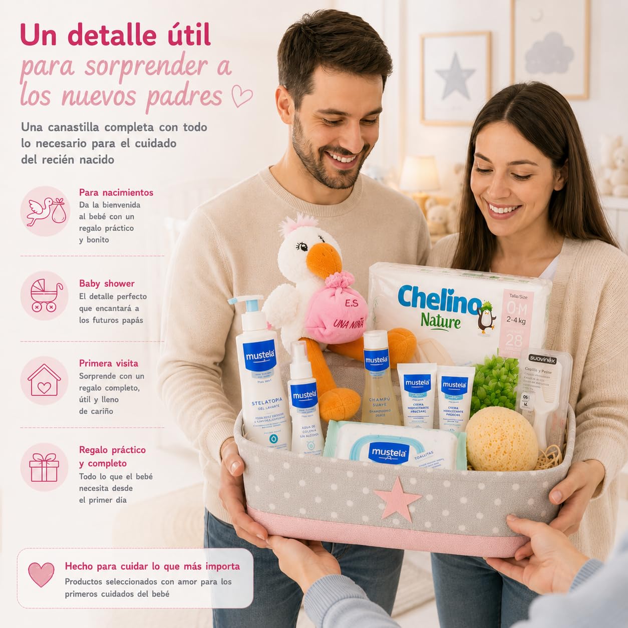 Cesto bambino Supreme (Rosa) regalo Con: scatola multiuso, peluche cicogna rosa, salviettine, gel, colonia, spugna, shampoo, spazzola e pettine, idratante, pannolini.
