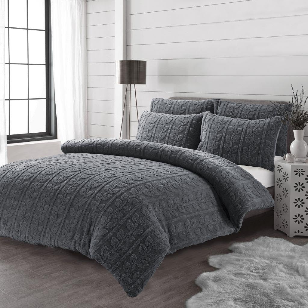 Kampala Hill Leaves Teddy Grey Duvet Cover Set With Pillowcases King Bedding Set