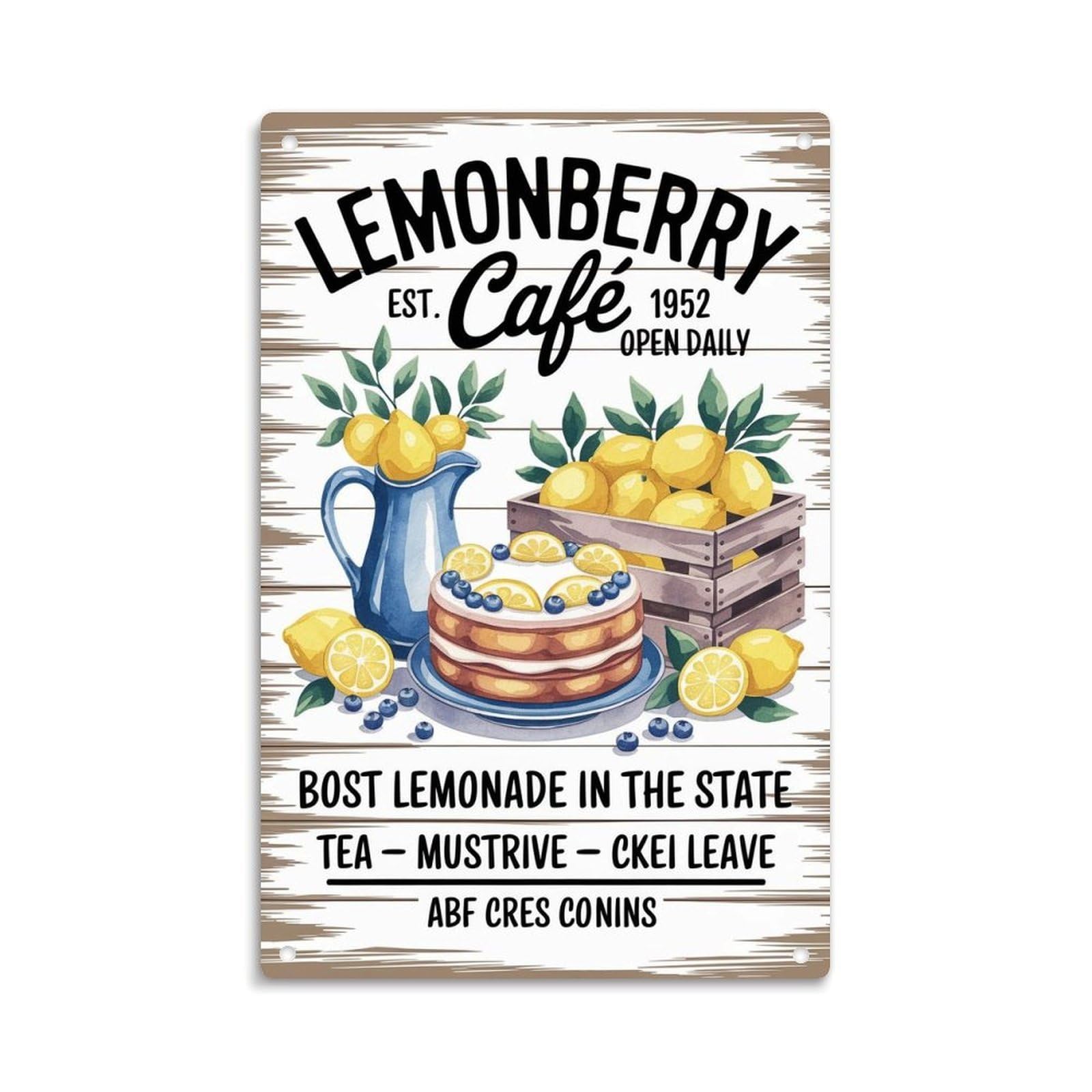 Lemonberry Cafe Vintage Lemonade Cake And Lemons Metal Sign Print Aesthetic Room Decoration Metal Tin Sign 8X12 Inch