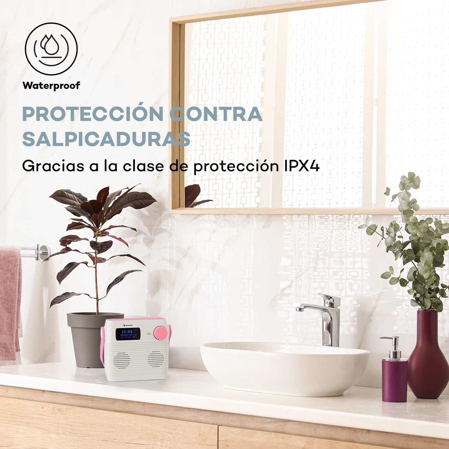 Auna Splash Radio Ducha Impermeable, Radio Dab, BT Dab+/UKW IPX4, Radio Garden Dab+ con Puerto USB Toma de Auriculares batería USB-C, Radio para Ducha Digital, Blanco/Rosa