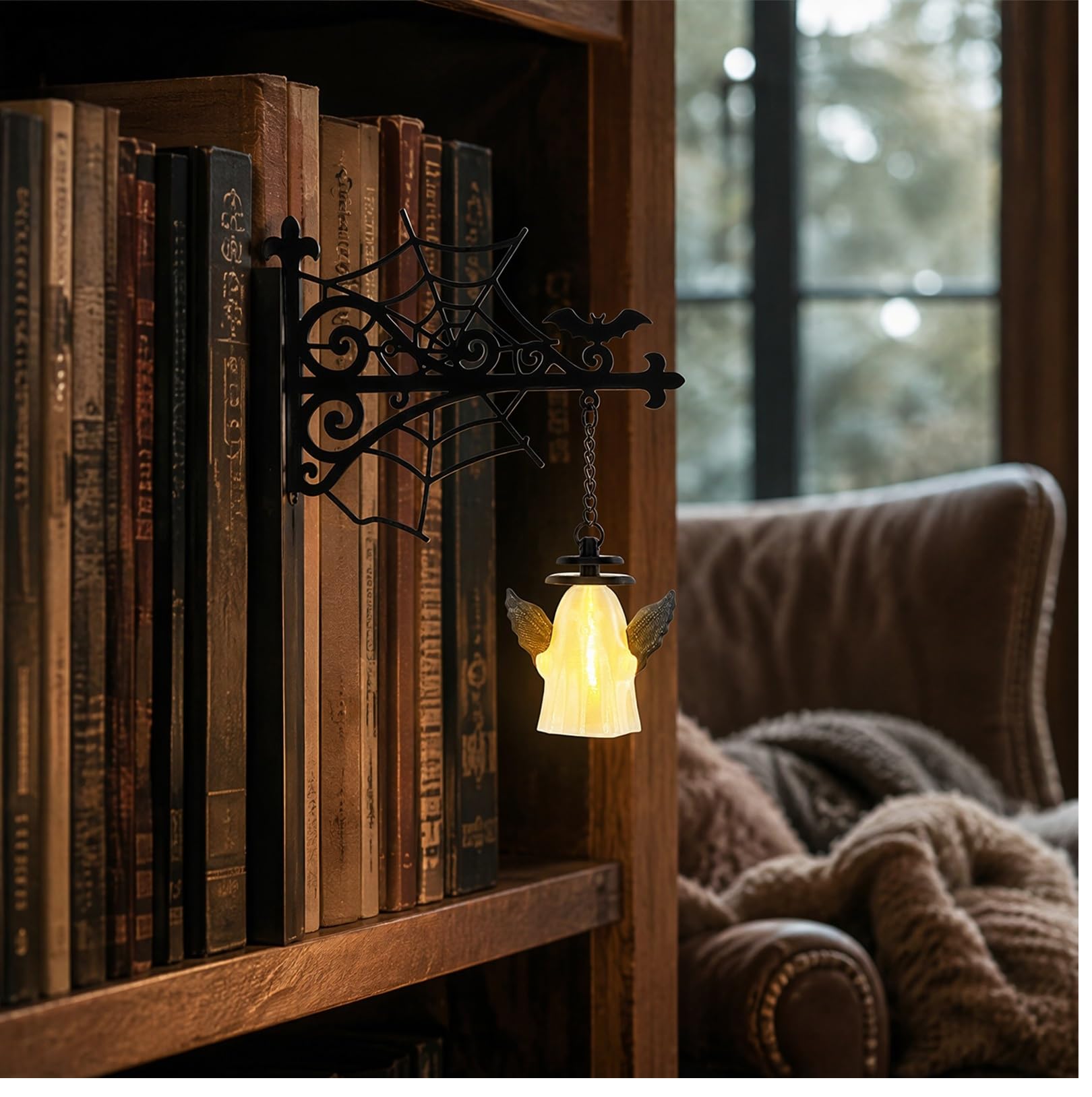 Vintage Ghost Bookshelf Lantern, Warm LED Mini Hanging Nightlight, Portable Reading Lamp, Spooky Halloween Ornament for Shelf & Indoor Tabletop Decor (F)