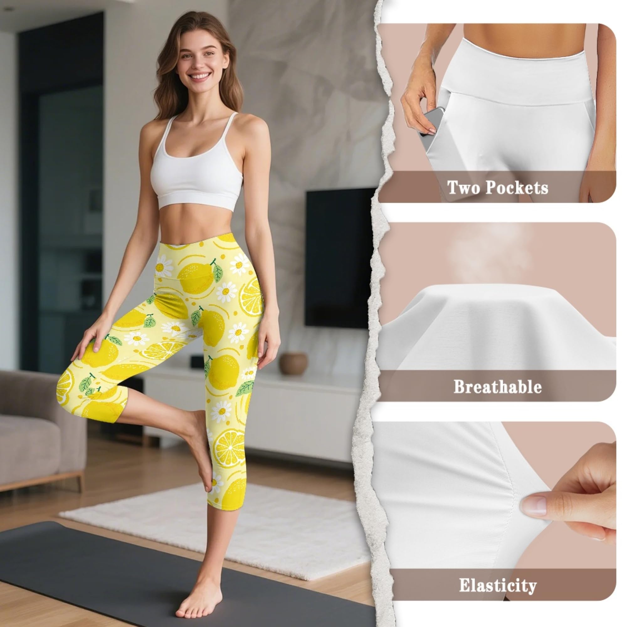 Amzbeauty Legging Capri 3/4 pour femme - Taille haute - Avec poches - Pour yoga, fitness, course à pied, entraînement, gym, Marguerite, XXL Slim Taille courte