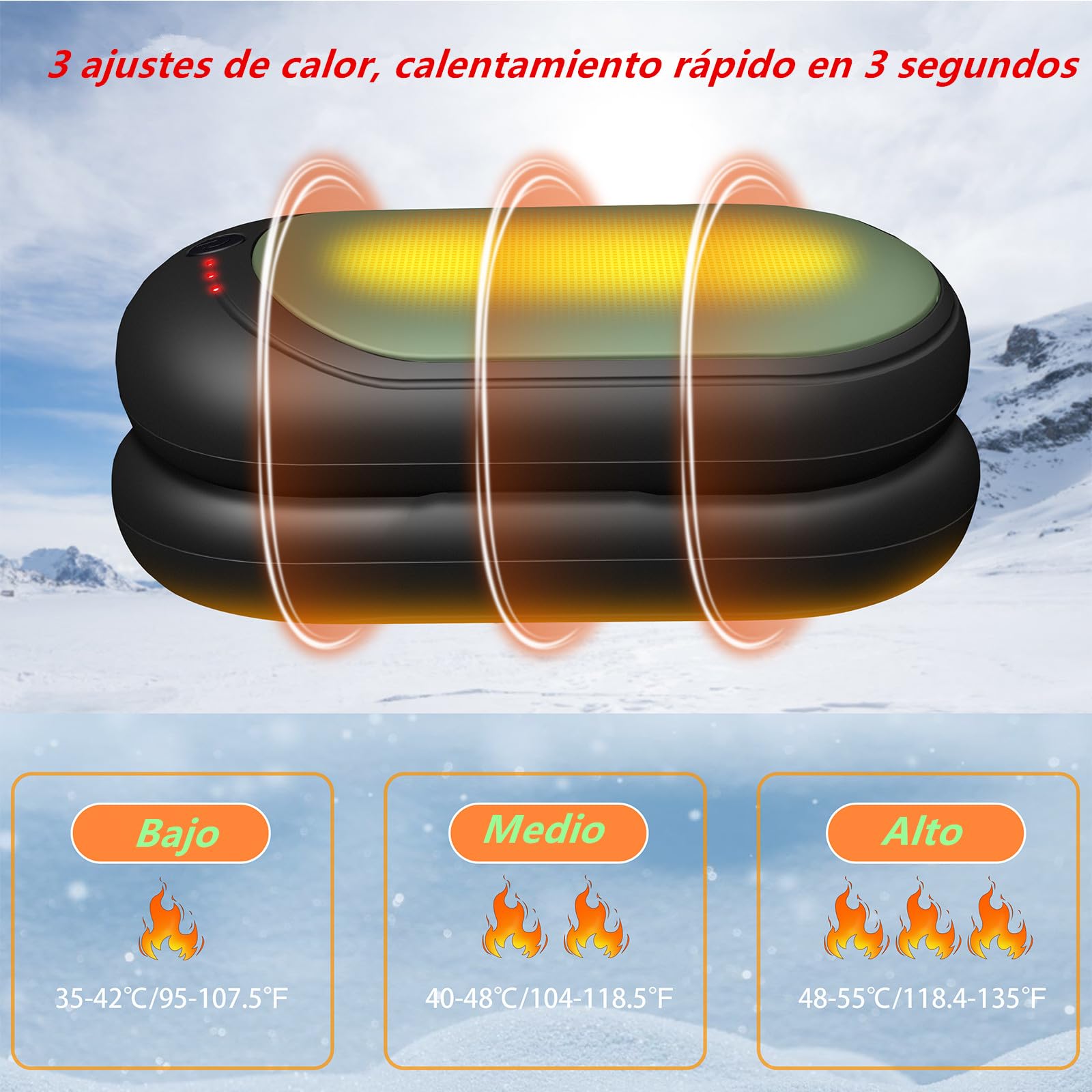 Calentador de Manos Recargable 2 Piezas,2 en 1 6000mAh Batería Calentador Portatil Electrico Calentador Manos de Bolsillo,3 Niveles de Calor,para Navidad/Camping Senderismo