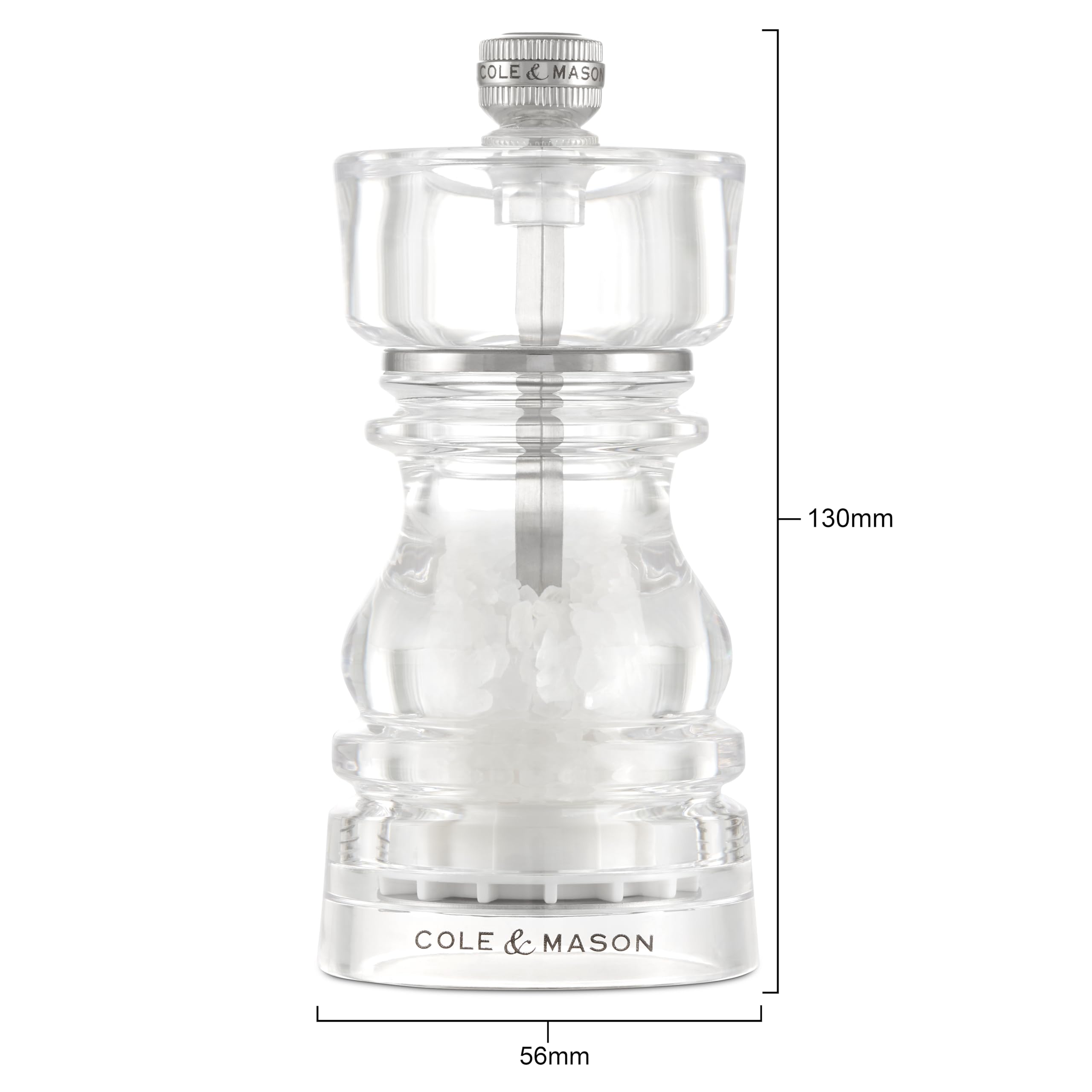 Cole & Mason London - Macinasale in acrilico, meccanismo in ceramica anticorrosione, con macinino regolabile, 130 mm, meccanismo a vita