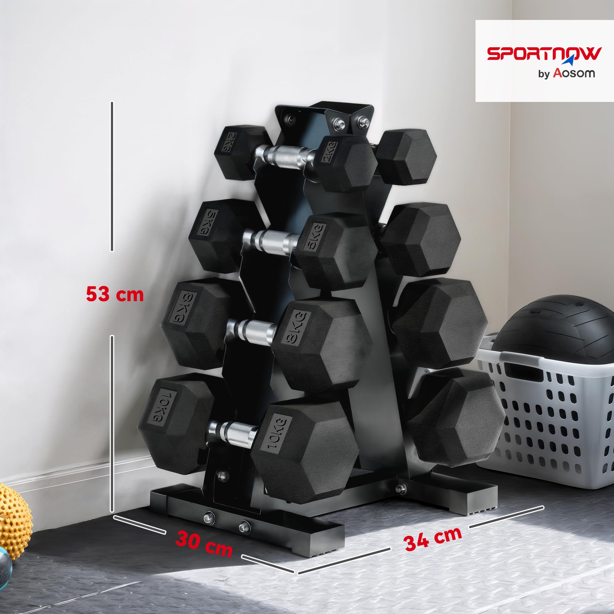SPORTNOW Set di Manubri da Palestra con Supporto 2x2kg Esagonali Nero | 2x5kg, 2x8kg, 2x10kg, Manubri per Palestra, Ghisa e Gomma, Impugnatura Antiscivolo, Allenamento Fitness Casa