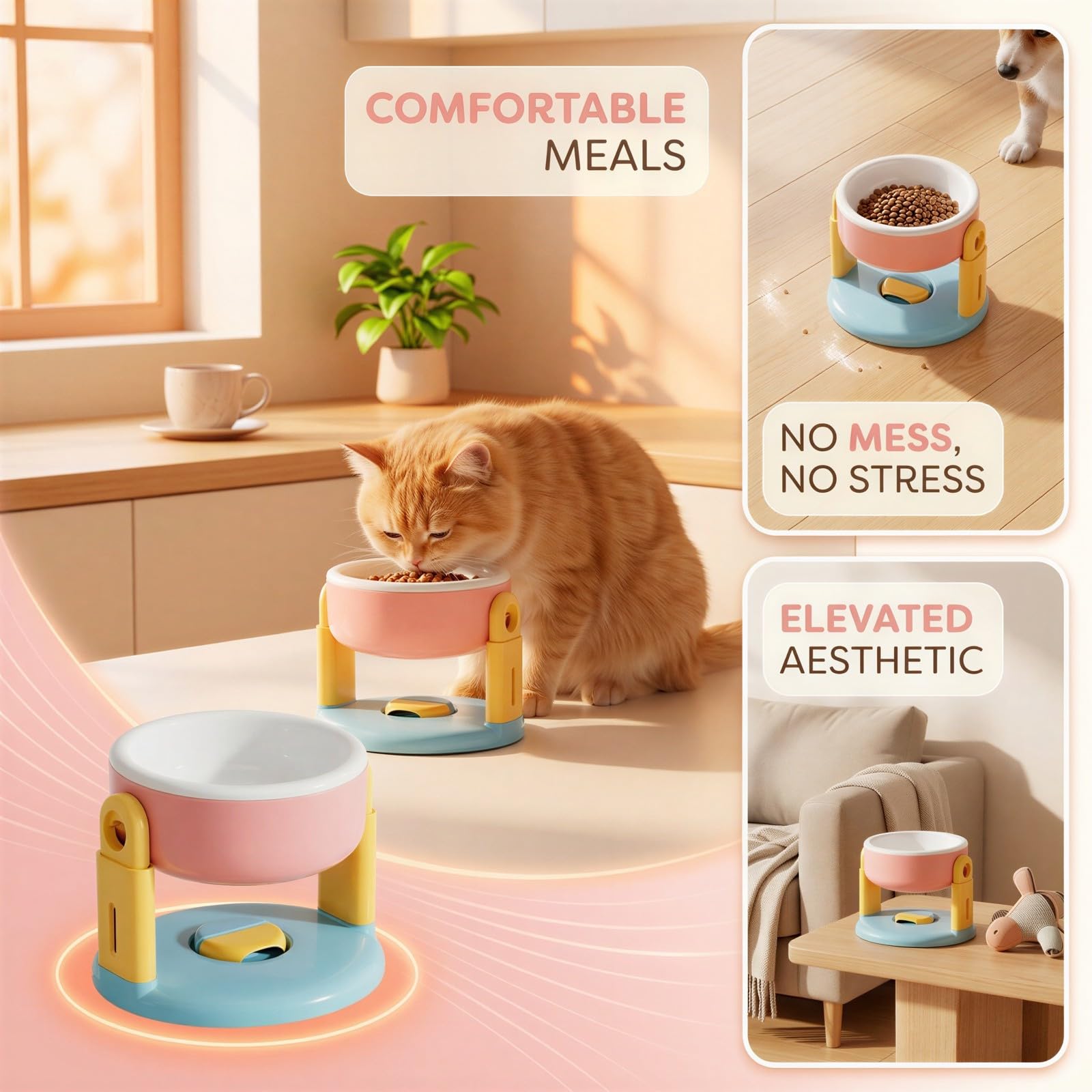 Comedero ergonómico para perros y gatos, altura ajustable, con bandeja de cerámica, soporte en forma de T, rosa y blanco, 19 x 16 x 14,5 cm