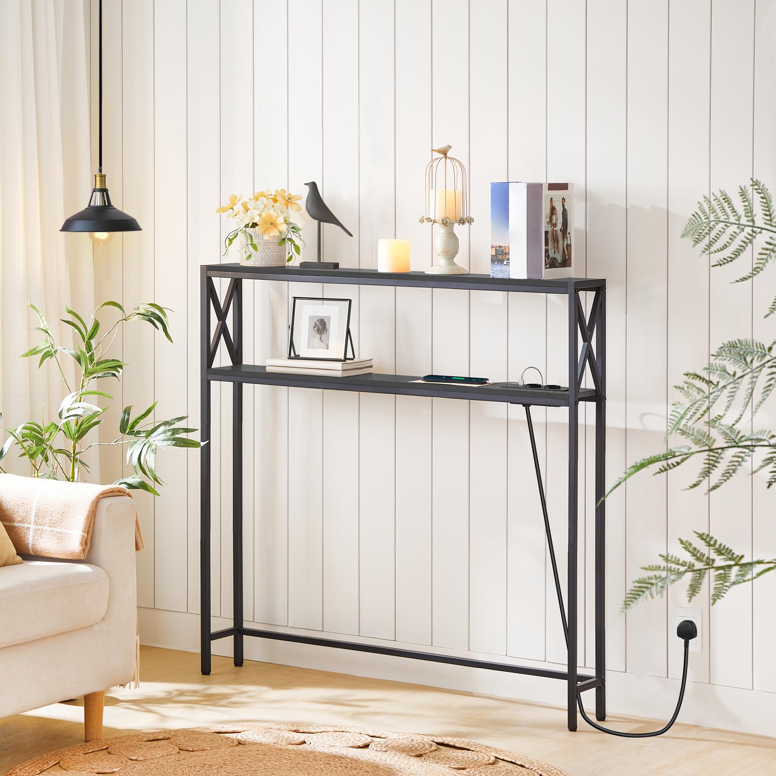 MAHANCRIS 100 cm 2-stöckiger Konsolentisch, Beistelltisch, mit 2 Steckdosen und 2 USB, Schmaler Eingangstisch, Flurtisch, Sofatisch für Flur, Wohnzimmer, Schlafzimmer, Foyer, Schwarz ACTHB115UE01