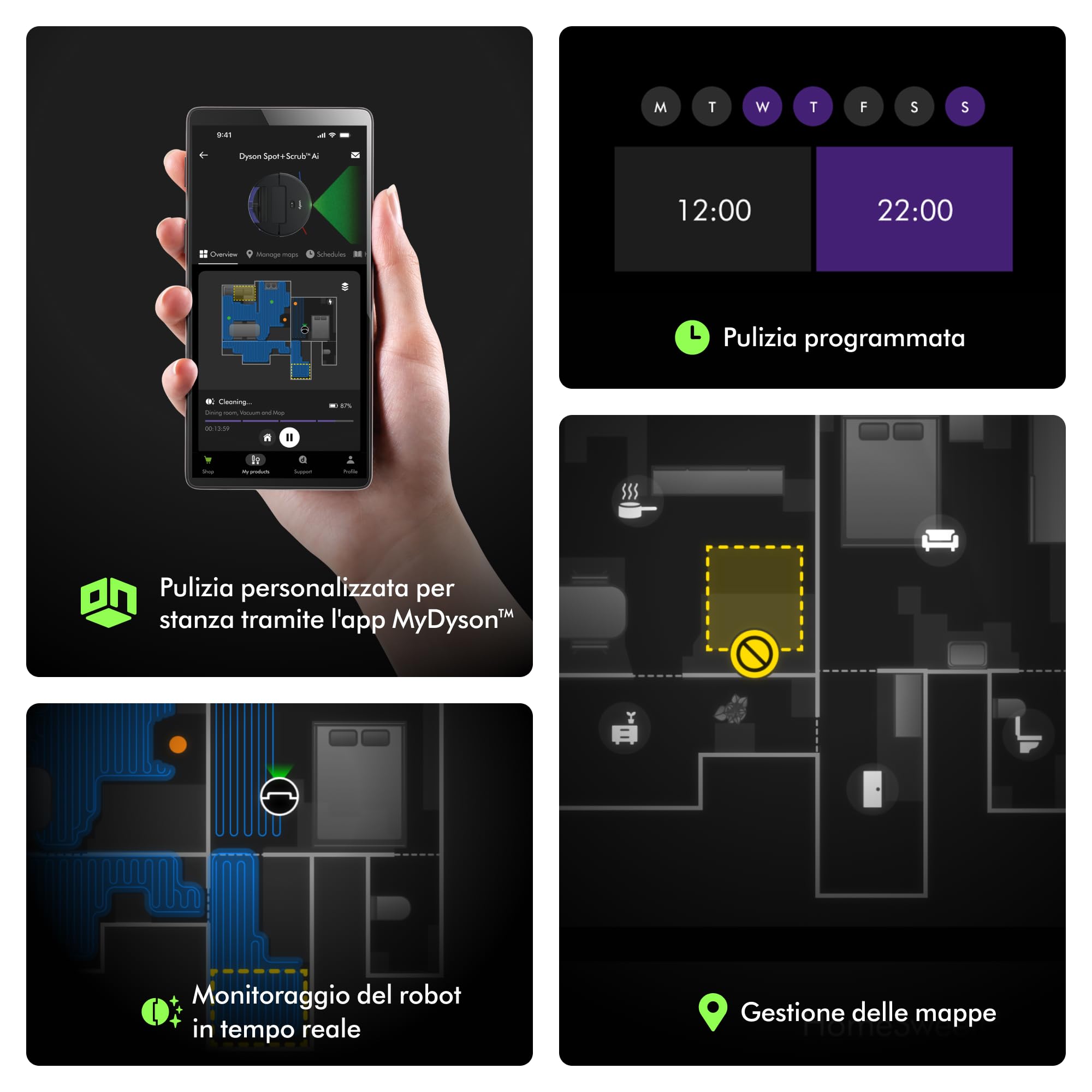 Dyson Spot+Scrub™ AI Robot aspirapolvere e lavapavimenti, 18.000 Pa, 200 min autonomia, auto‑svuotamento, base 3 L, rullo autopulente e filtrazione igienica 0,1 micron (Nero/Blu)