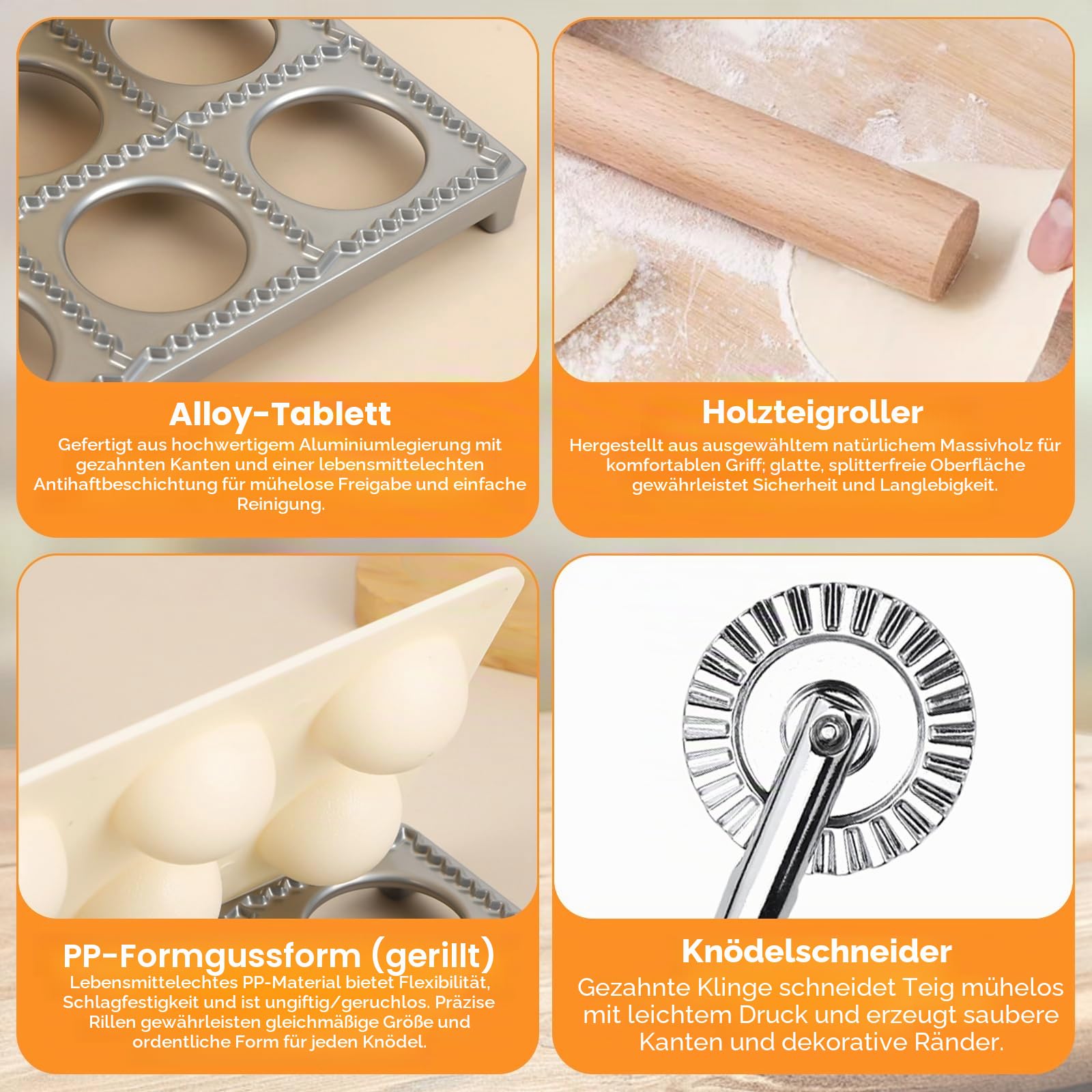 Ravioli Maker Set, Ravioli Former mit Nudelholz, Teigtaschenrad, Fleischspatel