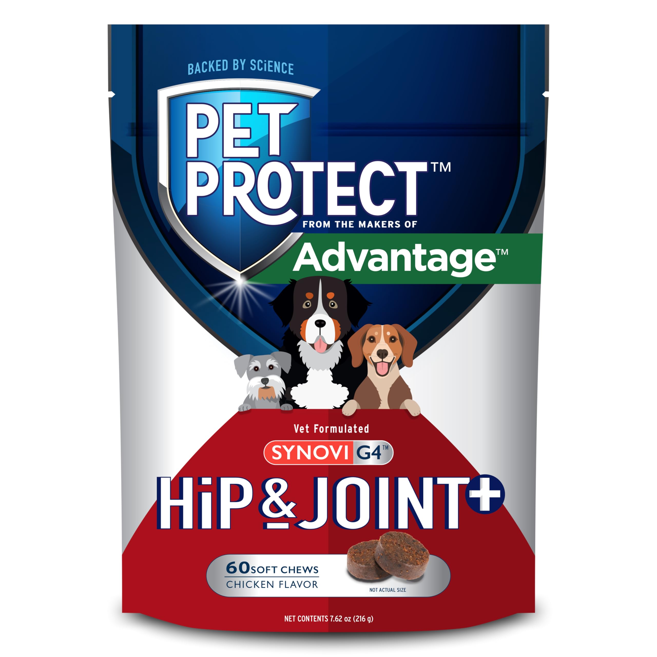 Pet Protect Dog Hip & Joint+ Supplement for Active & Aging Dogs, Vet-Formulated Synovi G4, Dog Glucosamine, Chicken-Flavored Soft Chews (60 Count)