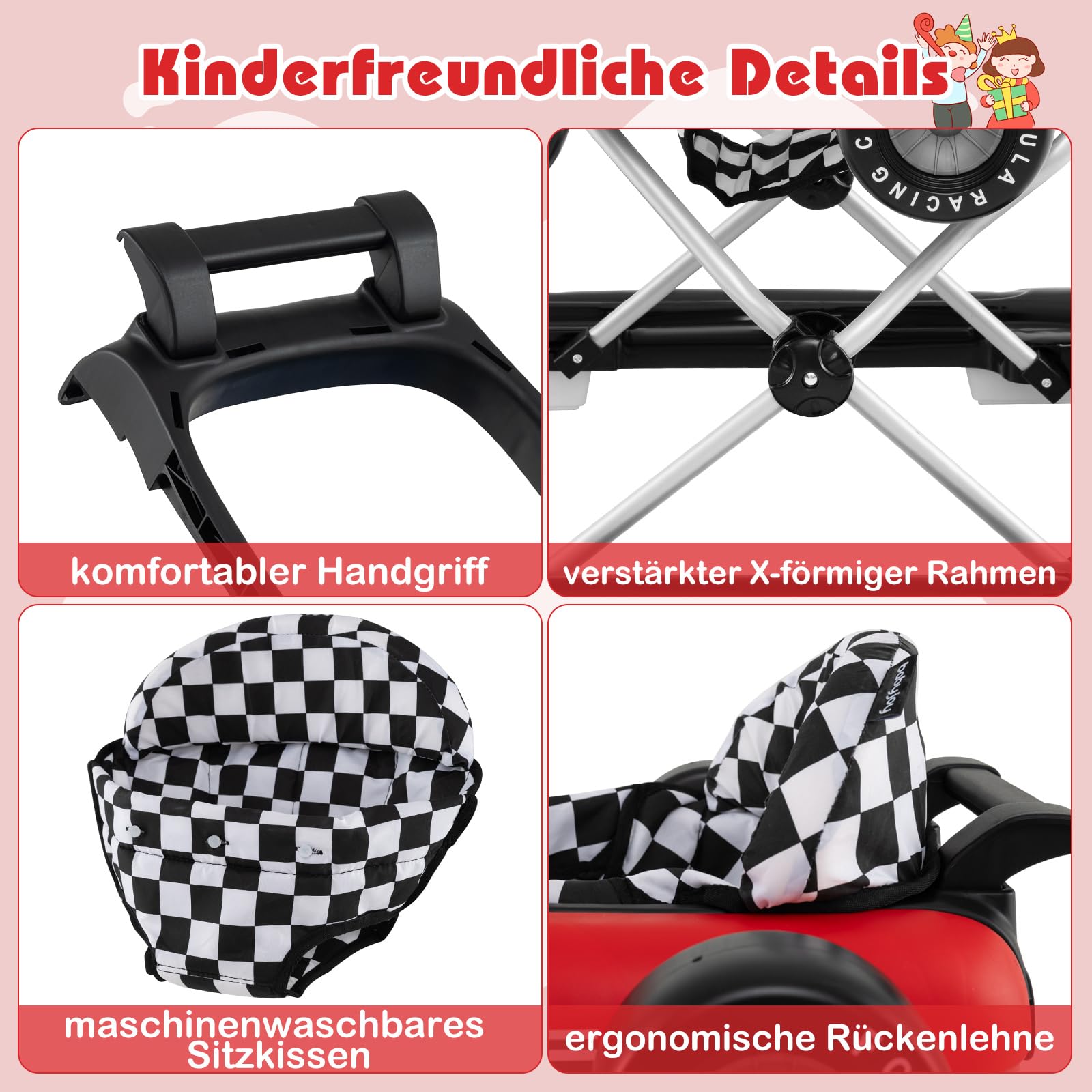 COSTWAY 4 in 1 Lauflernhilfe, Lauflernwagen klappbar mit einstellbarer Höhe, Baby Walker Autoförmig mit Lenkrad & Spieluhr, Laufwagen mit Rädern für Baby von 6–18 Monaten (Rot)