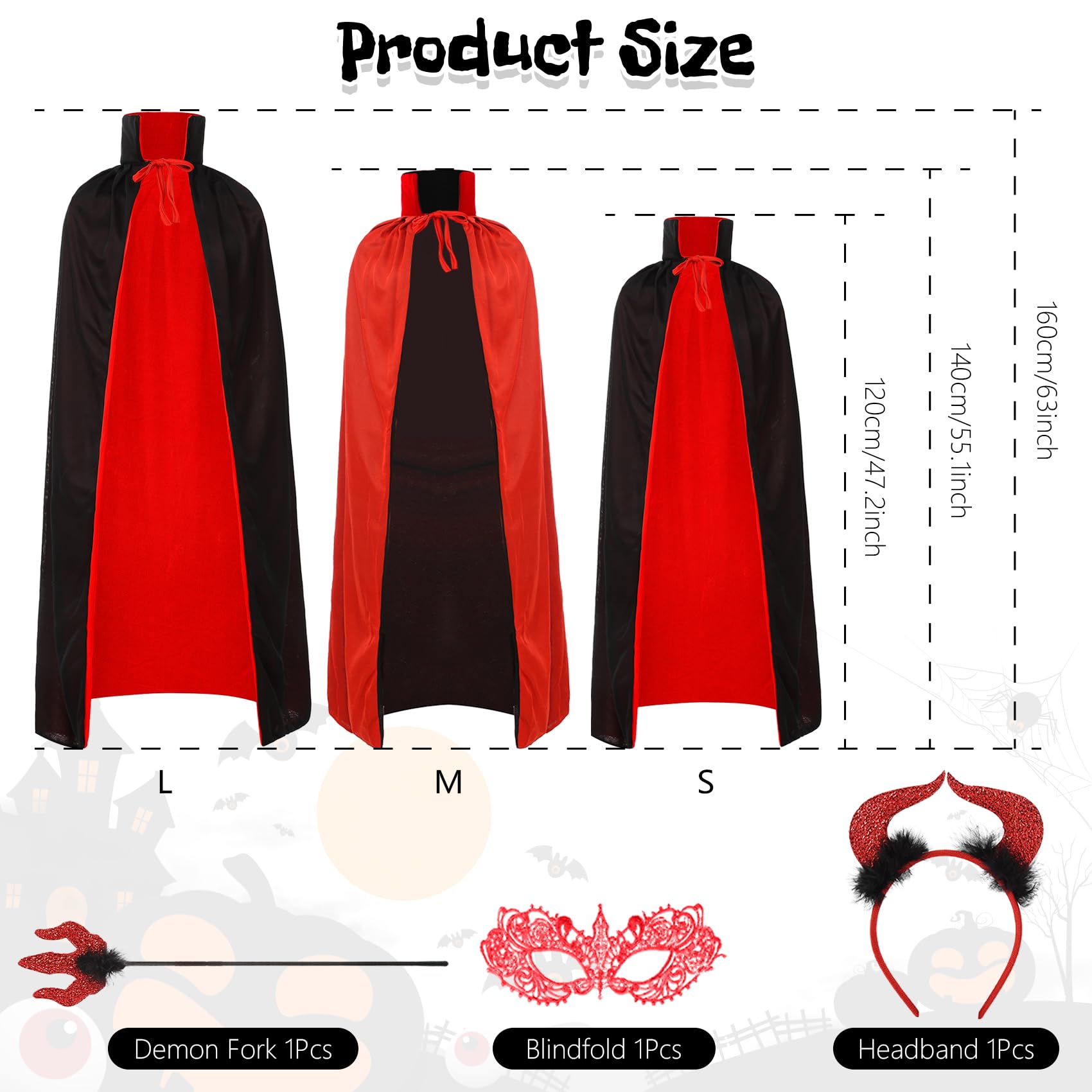 NMKL 4Pcs Halloween Devil Costume Women Set Reversible Devil Cloak with Devil Horns Headband Devil Fork and Eye-mask for Cosplay Party Outfit (120) - Image 3