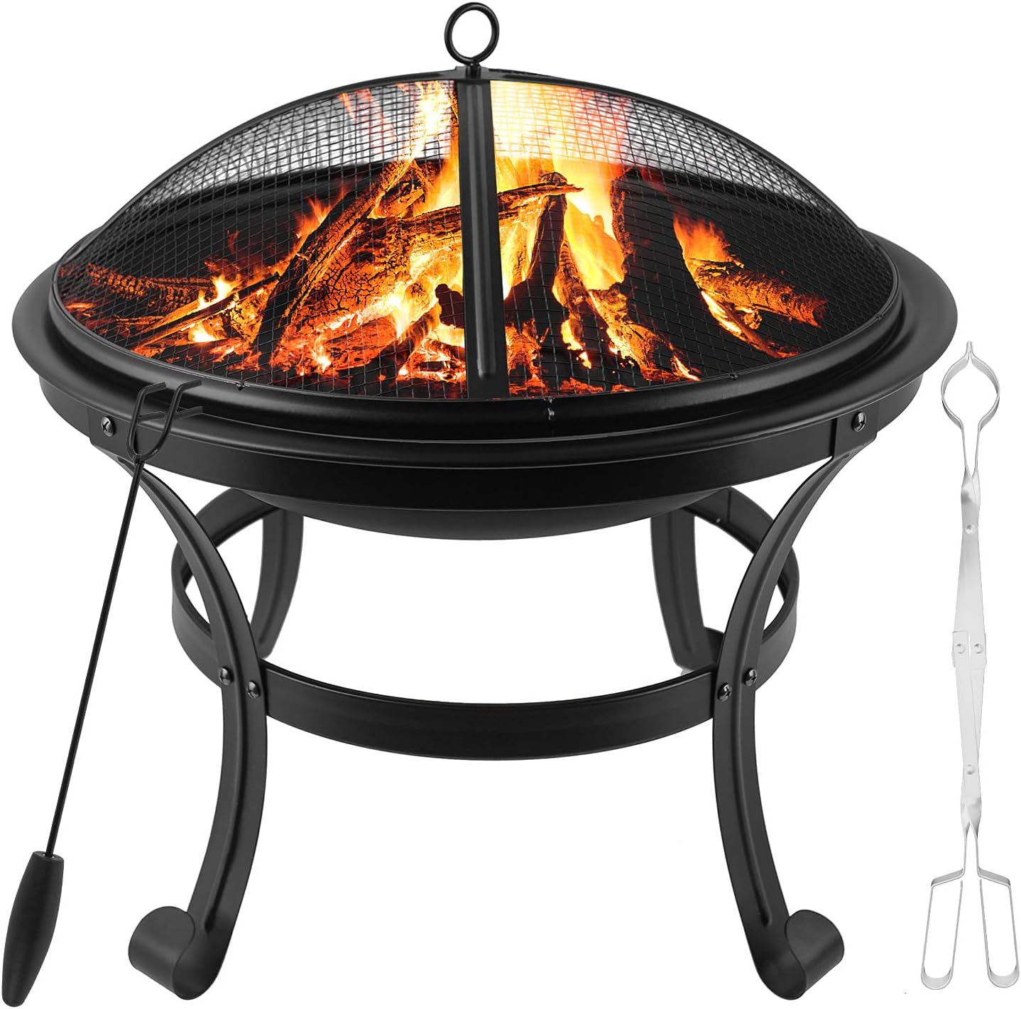Outdoor 22 Inch Fire Pit Fireplace Steel Burning Patio Bonfire Bowl BBQ Grill Firepit with Spark Screen and Fireplace Poker for Backyard Garden Camping Bonfire Patio (22 Inch) : Garden & Outdoor