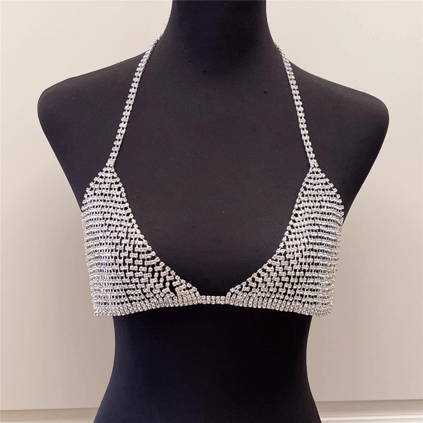 RWRAPS Donne Sexy Strass Corpo Catena Reggiseno Intrecciato Catena Lucido Cristallo Bikini Reggiseno Partito Discoteca Biancheria Intima Accessori Gioielli (Argento Placcato)