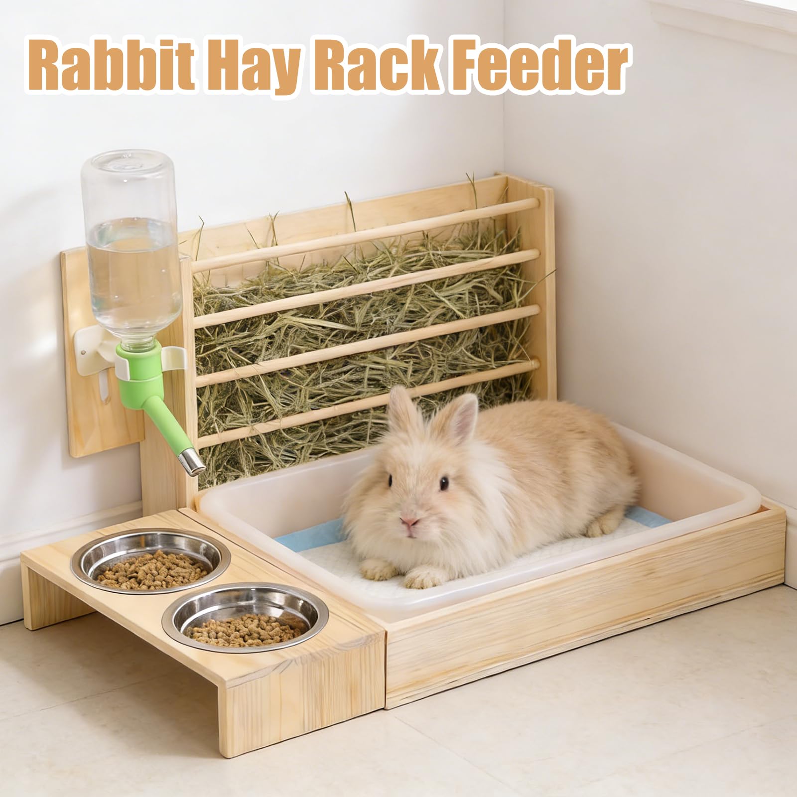Mangeoire à Foin pour Lapin en Bois 4 en 1, Râtelier et Abreuvoir pour Petit Animal