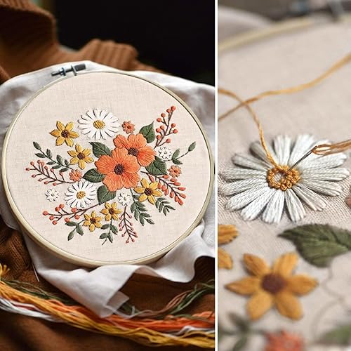 Miniatura 6 de Arte Vita Kit de iniciación de bordado, patrón de flores naranjas, gama completa, juego de puntadas de mano para principiantes, incluye tela