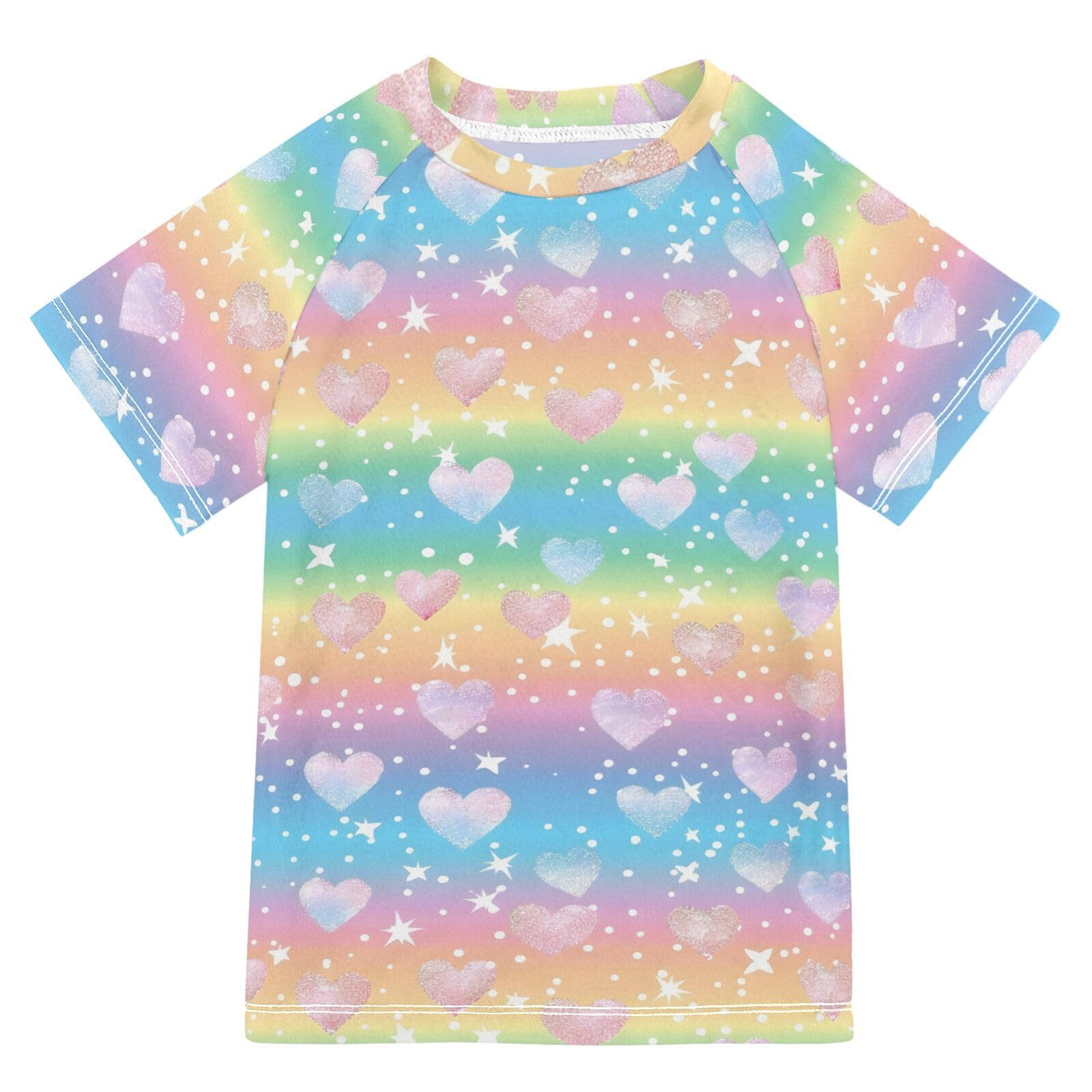 ALAZA Boys Swim Shirt Short Sleeve Rash Guard for Boys Girls UPF 50+ Pastel Rainbow Heart 9-10T
