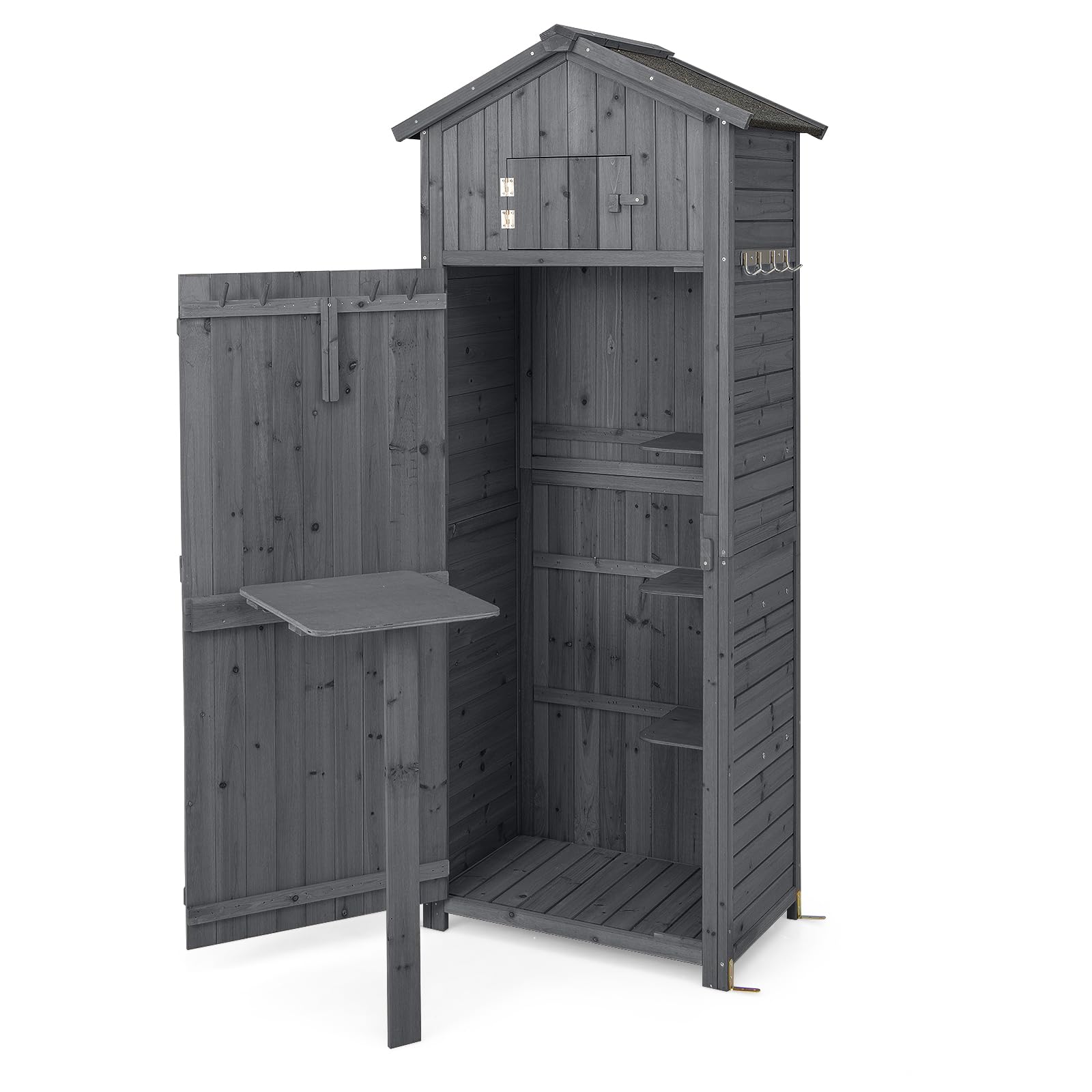 RELAX4LIFE Gerätehaus Holz, 75 x 50 x 180,5 cm, Gartenschrank mit Satteldach, Geräteschrank mit 8 Haken & 3 Regalen & Faltbarem Tisch & Oberem Fach, Gartenhaus Wetterfest für Außenbereich (Grau)