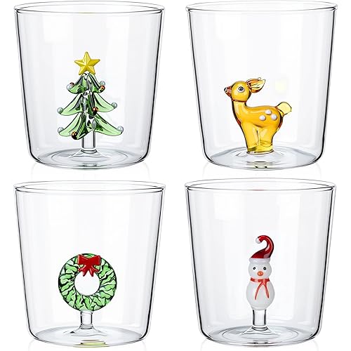 Yaomiao 4 Pcs 10 oz Christmas Wine Glasses with Tree Snowman Deer Figurine Inside, 3D Christmas Stemless Drinking Glass Cup Tumbler for Housewarming Party Supplies Gifts Xmas Table Decor