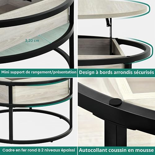 YITAHOME CT41 Table Basse avec Plateau relevable, Métal, Bois, Fer, Chêne Blanc, 80x80x47cm - 4