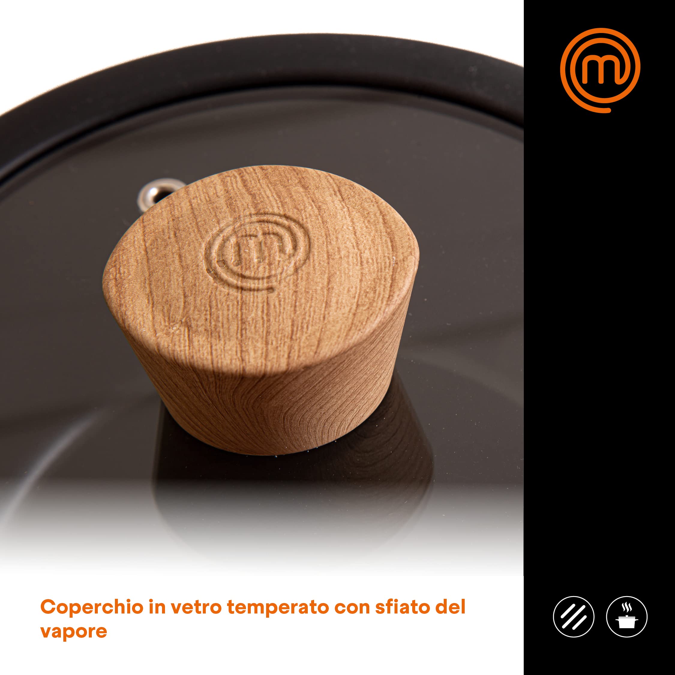 MasterChef Casseruola Antiaderente 20 cm, Pentola Induzione per Pasta, Agnelli, Polenta e altro, Crock Pot Alluminio con Manici Per Pentole in Legno, Antigraffio, Lavabile in Lavastoviglie, Nera