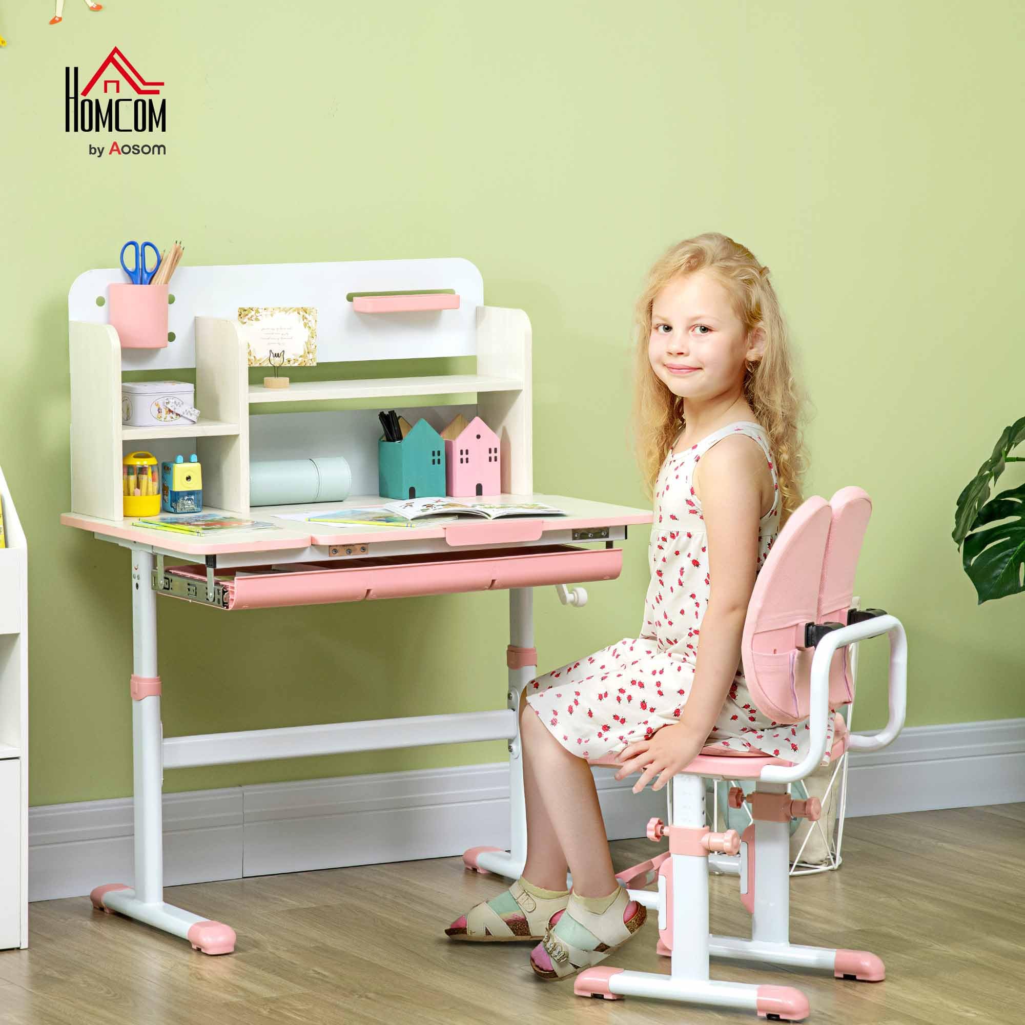 HOMCOM Juego de Escritorio y Silla para Niños de +3 Años Pupitre Infantil Altura Ajustable con 1 Cajón 1 Estante para Libros y Tablero de Mesa Inclinable 80x52x88-109 cm Rosa y Blanco