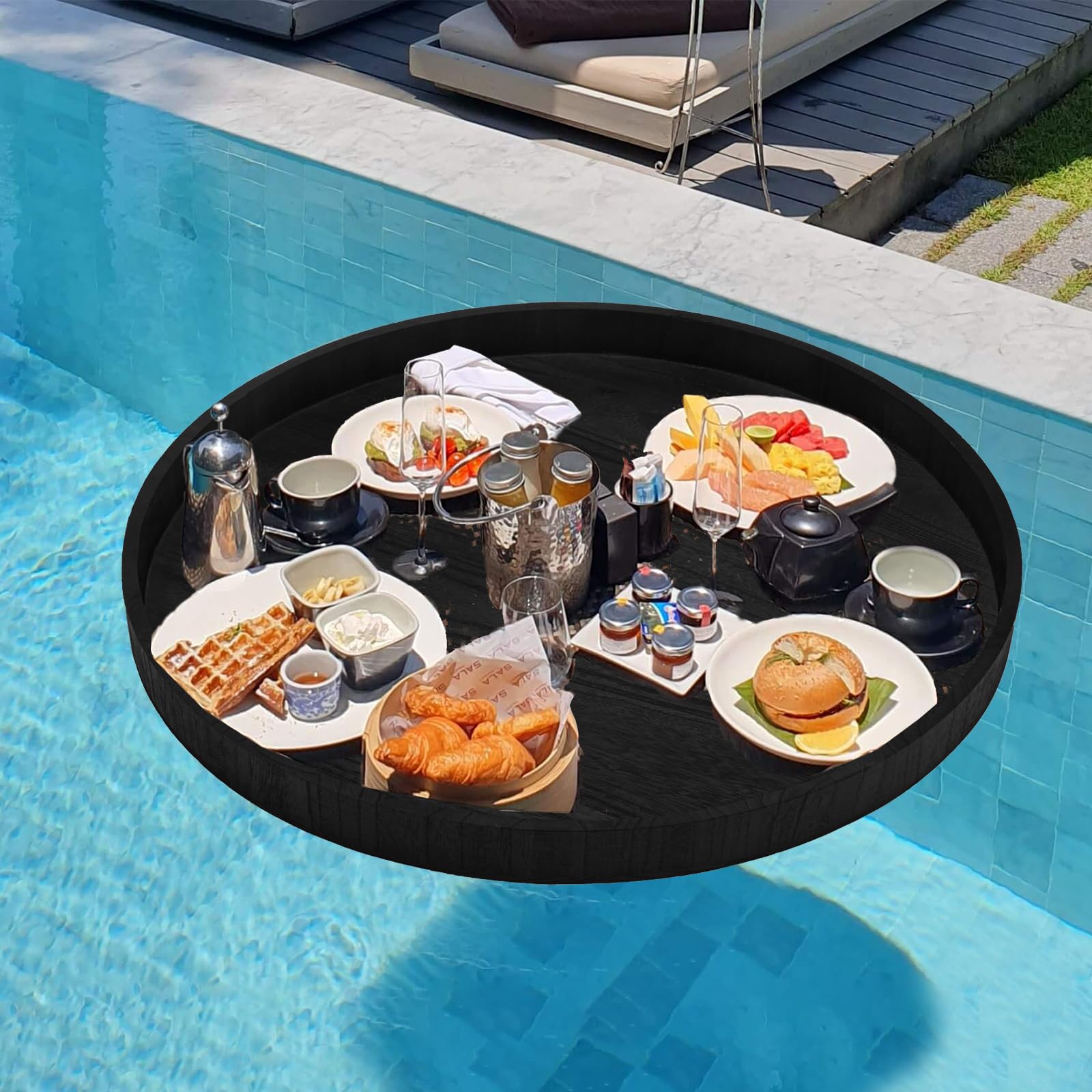 Bandeja redonda extra grande de madera maciza de 24 pulgadas, bandeja clásica de mesa de café para té, bandeja de desayuno, bandeja otomana decorativa de madera negra para servir aperitivos, cocina,